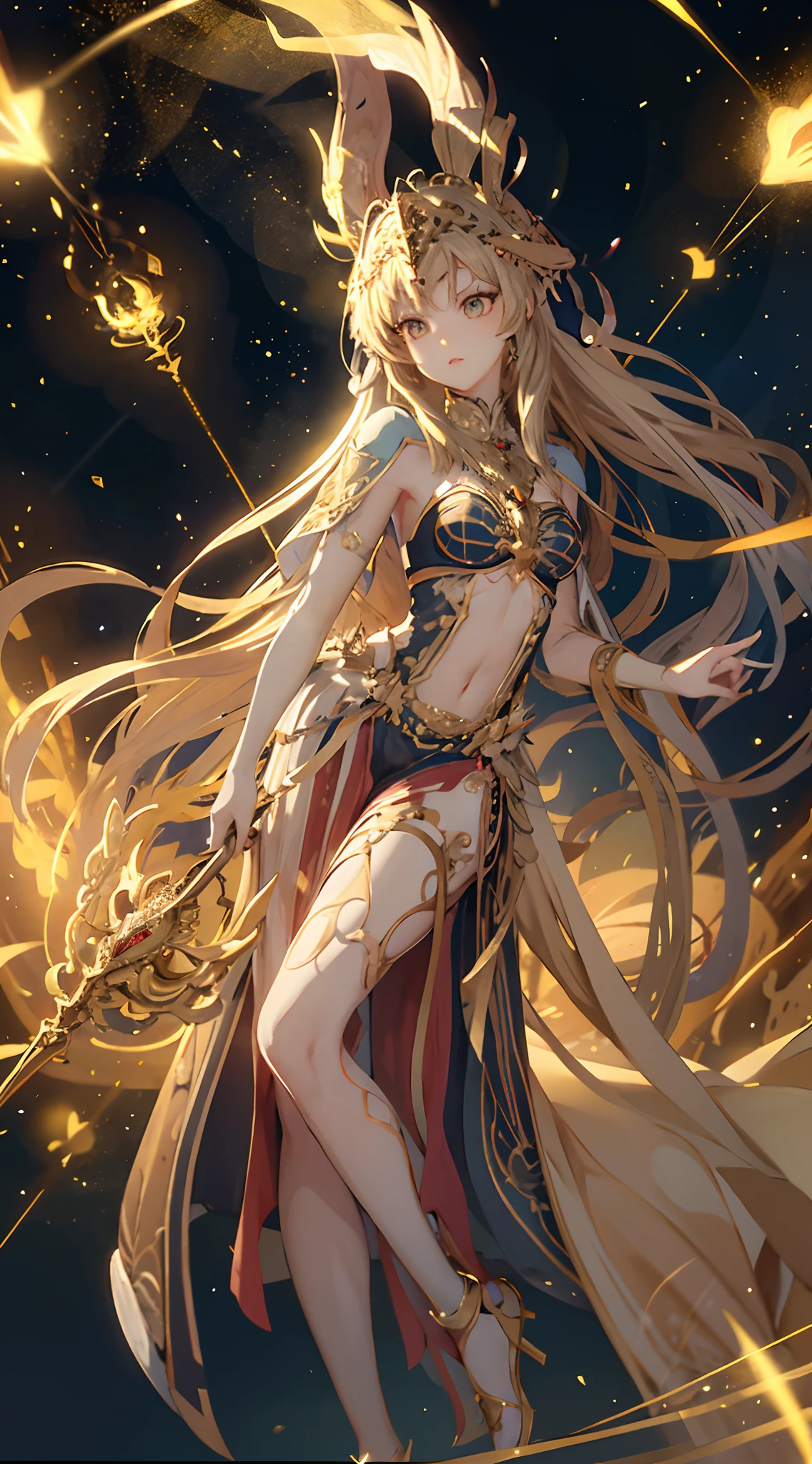 (Masterpiece, Top Quality, Best Quality, Official Art, Beauty and Aesthetics: 1.2), (1 Girl), (Vast Universe in the background, Virgo constellation in the background: 1.6), (Golden Armor, Golden helmet: 1.2), galaxy, (light stripes), extreme details, (fractal art: 1.3), colorful, highest detail, perfect face, HDR, eye-catching visuals, (dynamic stripes, luminous trajectory: 1.2), bright colors, full body shot, scowl, Ultra-Wide Angle, atmospheric perspective, panorama, perspective