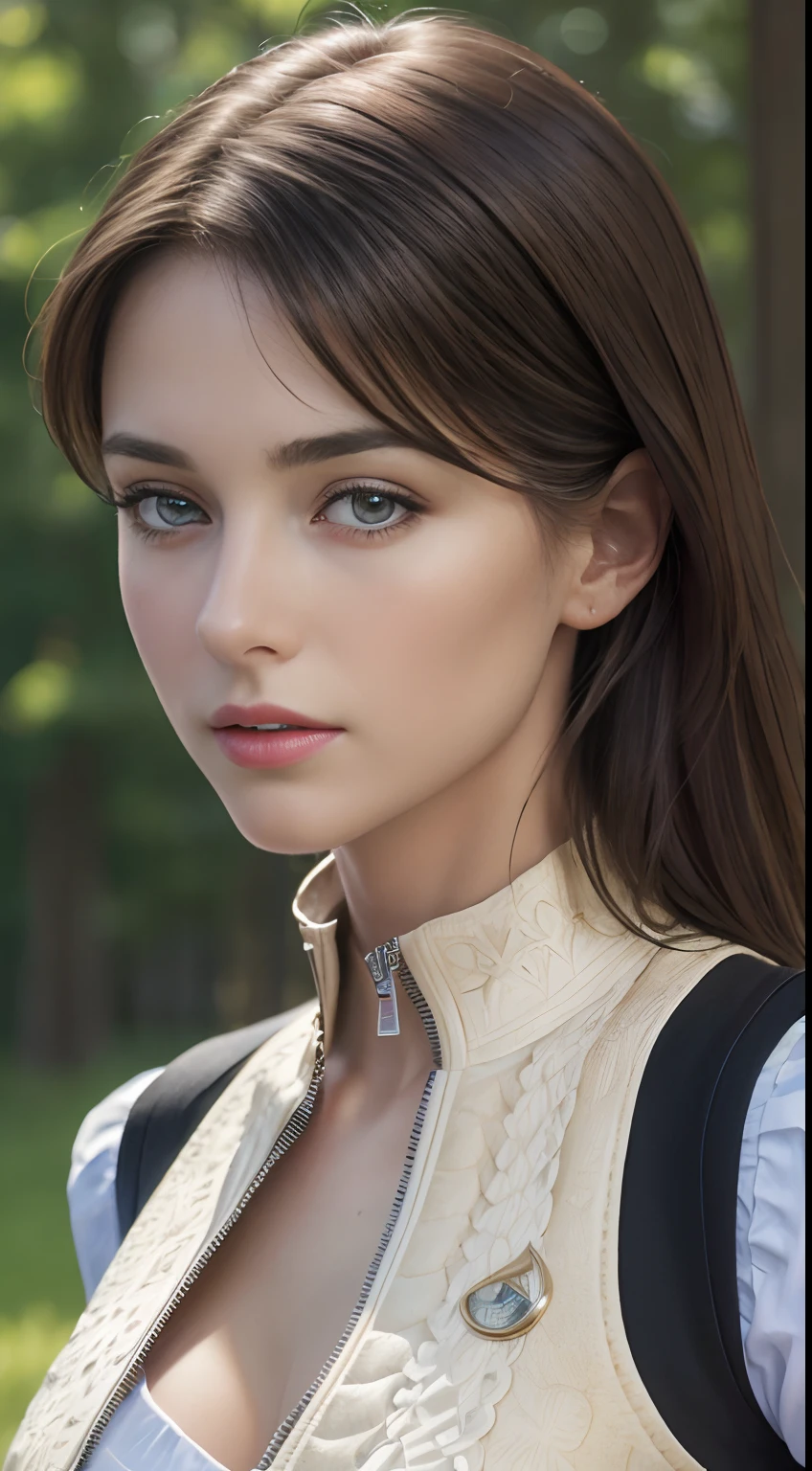 (Masterpiece, Best quality, Photorealistic, A high resolution, Photography, :1.3), Very close-up shot, Sharp focus, 1 brunette girl, European girl, Popular models, Highly detailed eyes and pupils, Realistic skin, slim body shape, cleavage, Extremely detailed hair, Delicate sexy face, Induction gas, shiny lip, ((Wear a zippered vest)), En plein air, ((Realistic, Super realistic, Realism, realistic detail))