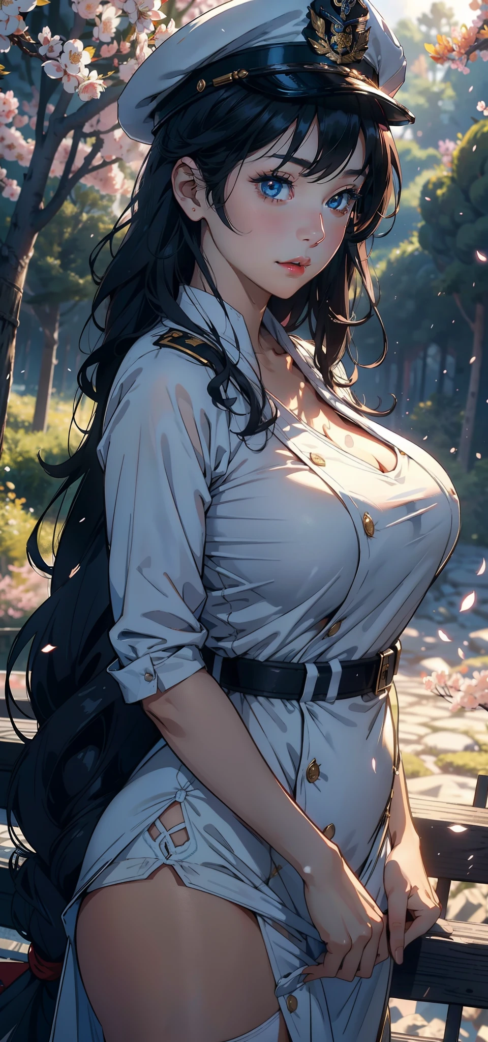 1female,35yo,plumw,extremely large bosom, 独奏,(Background with:the rainforest,lotus flower,Ground area water) She has very short black hair,bobo head,Stand deep in the forest,seen from the front, hair straight, mostly cloudy sky,(((tmasterpiece),(Very detailed CG unity 8K wallpaper),best qualtiy,cinmatic lighting,detailed back ground,beatiful detailed eyes,Bright pupils,Blue eyes,Snow-whiteskin,Redlip(Very fine and beautiful),(Beautiful and detailed eye description),ultra - detailed,tmasterpiece,))facing at camera,A high resolution,ultra - detailed),revealing breasts,Bare genitalia, Bulge,legs are open,Raised sexy,Camel toes,Flushed complexion,Desire for dissatisfaction,frontage,British Air Force,Aviator,Officer's cap(Wearing:blazer jacket,tailcoat,White color blouse,a black bowtie,Black pantyhose,Bare breasts)