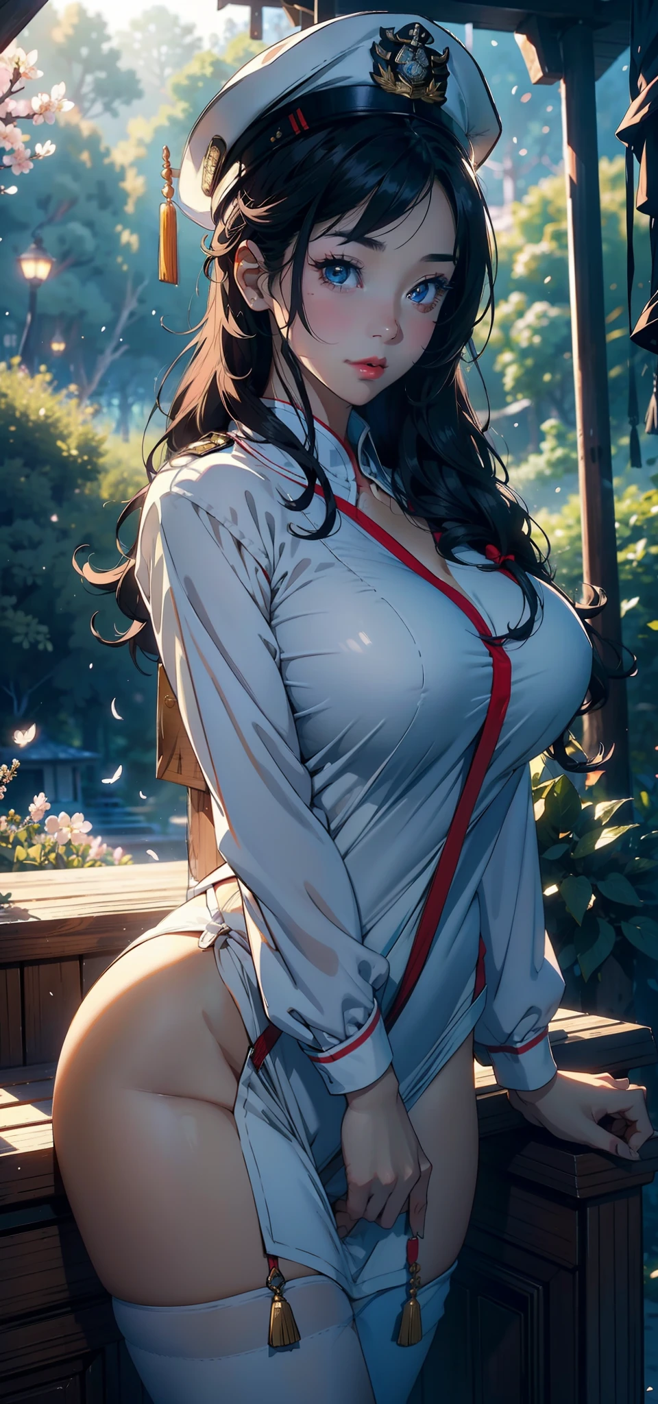 1female,35yo,A MILF,plumw,extremely large bosom, 独奏,(Background with:Cherry blossom forest,ln the forest)Deep in the forest, She has very short black hair,bobo head,Maiden Station,,seen from the front, hair straight, mostly cloudy sky,(((tmasterpiece),(Very detailed CG unity 8K wallpaper),best qualtiy,cinmatic lighting,detailed back ground,beatiful detailed eyes,Bright pupils,Blue eyes,(Very fine and beautiful),(Beautiful and detailed eye description),ultra - detailed,tmasterpiece,))Redlip,facing at camera,A high resolution,ultra - detailed),Camel toes,Flushed complexion,Desire for dissatisfaction,frontage,SakuraNS ,US Navy,Snowflake decoration,Officer's cap(Wearing:Marshal uniform)