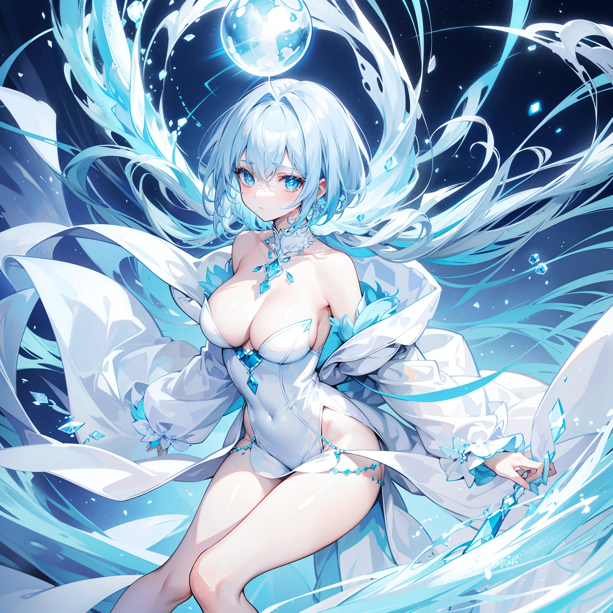 Short glow ice blue hair，Very sweet and shiny delicate face，A creamy and soft blue-and-white long cotton coat with a high collar，With a blue-silver ice crystal necklace，Reveals long smooth and delicate legs，The ultimate in exquisite clarity