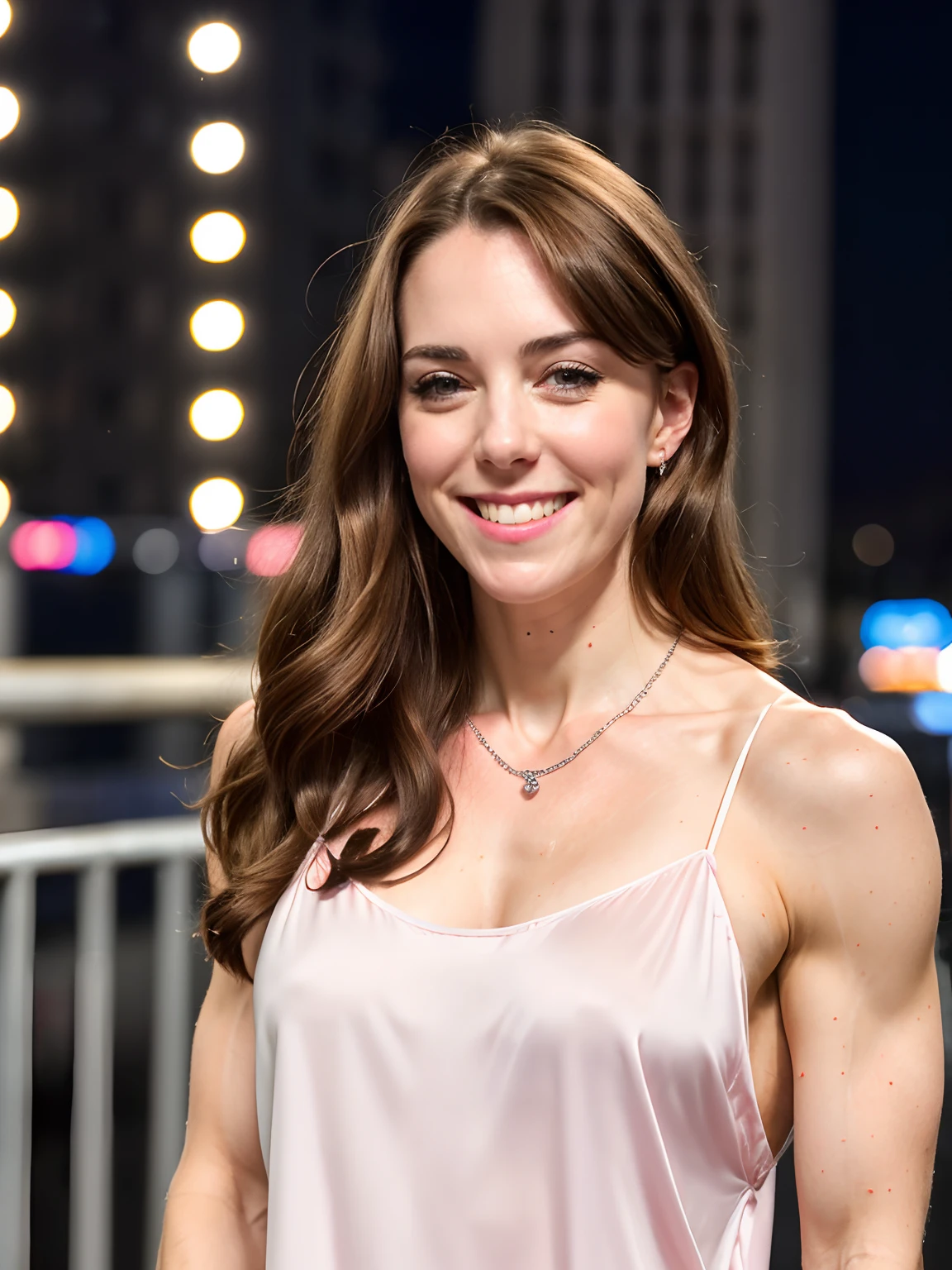 Kate, ripped muscle, muscular body, pale skin, smile(blush), nightgown, thin necklace, [ultra detailed skin:1.2], 8k uhd, full body, stand, sweat, cum on face, crowd, public, night,
