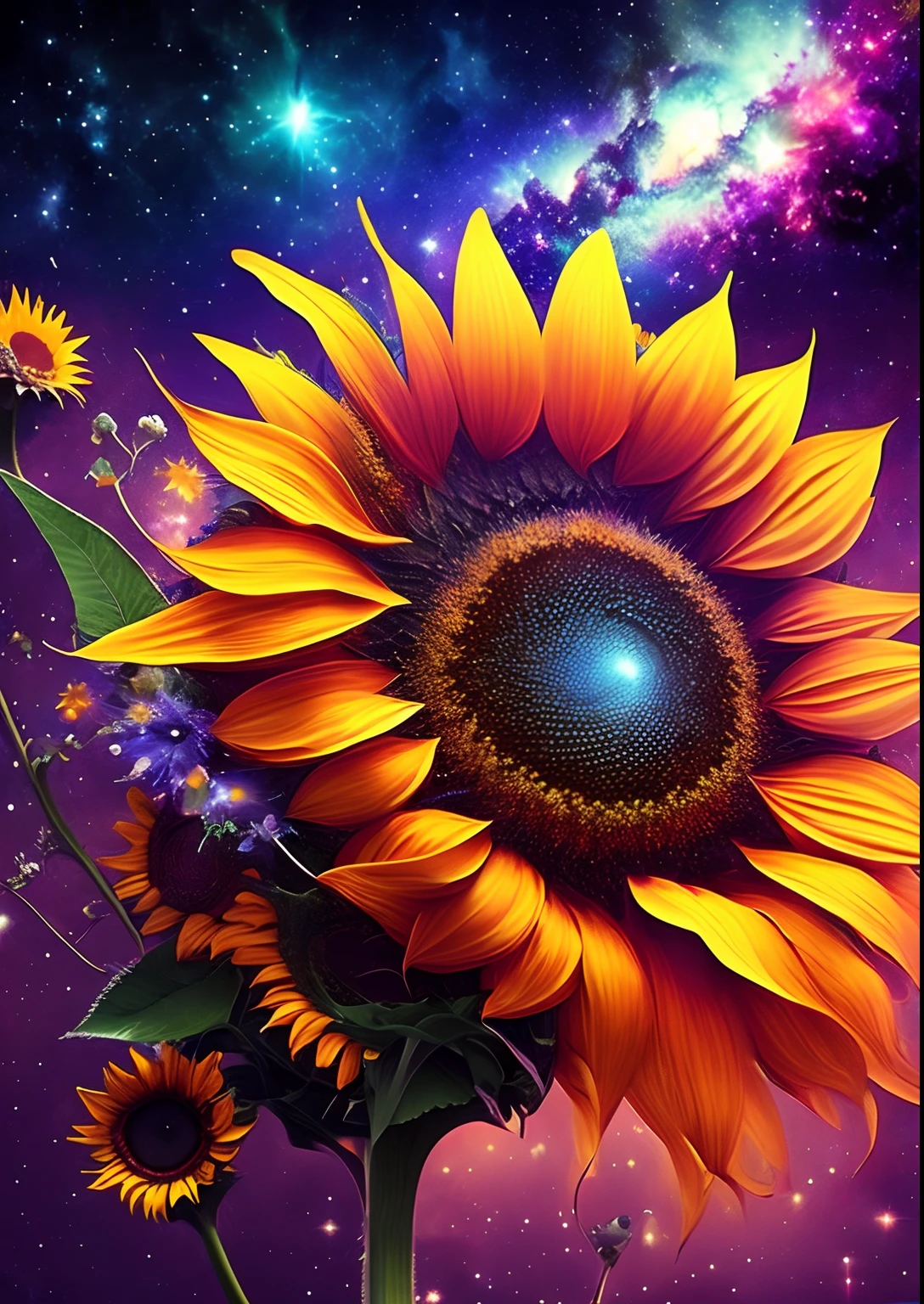 dreamlikeart, galaxy, outer space, nebula, star, [cyberpunked] Sunflowers from the stars (star:1.5),