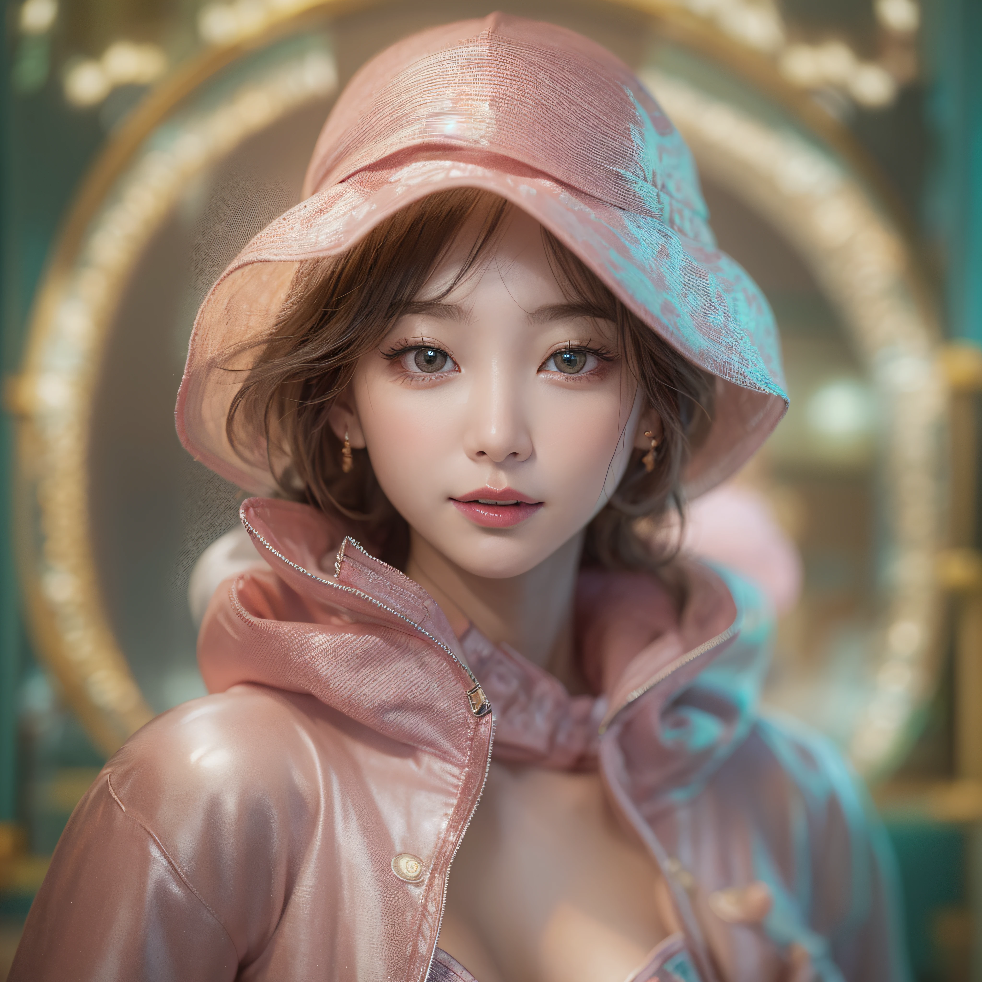 close-up of the smile face、Close-up of laughing face、Designer、super model、makeup、Glossy lips、Shining eyes、(realisitic、hight resolution)、(1 girl in)、Do-Up Eye、Korean Girl、(Best Quality), (masutepiece), (1girl in), Solo, a beauty girl, Perfect face, dreamlikeart、Highly detailed airbrush art((Surreal))、Volumetric lighting、(top-quality)、The ultra-detailliert、Highly detailed colorful details、(Bright lighting)、dynamic compositions、Ray traching、The mirror reflects light、Shallow depth of field、ultra-detailliert、mixing exposure、nffsw、Her eyes are glowing pink、Pink glowing 3D heart on background、Pink glowing heart on background