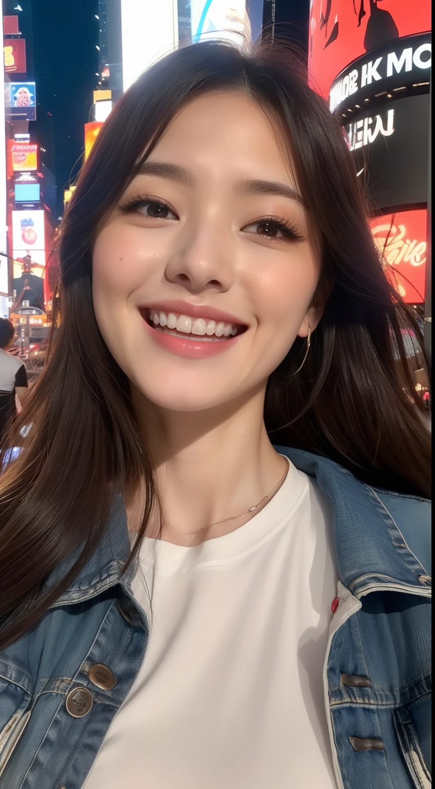 ((top-quality、8K、​masterpiece:1.3、超A high resolution))、(Clear focus:1.4)、girl with、1 persons、youtuber、24 year old、cute little、light skinned、Full body、Looking back、frombelow、(looking in camera:1.1)、detailed hairs、dark brown  hair、Natural Wave、(Detailed fabrics、Denim jackets and t-shirts:1.2)、bead bracelet、Super fine face、Detailed skin、A detailed eye、Narrow-eyed、Moist eyes、Clear eyes、二重まぶた、Reddish cheeks、Burning cheeks、Wearing makeup、Sweating、Lustrous skin、glowy skin、Shine skin、Shaded skin、Detailed lips、Apply lipstick、ruddy lips、Wrinkled lips、(Laughing:1.3)、(Large breasts:1.2)、BREAK、(细致背景、Times Square:1.4)、Night、Natural lighting、