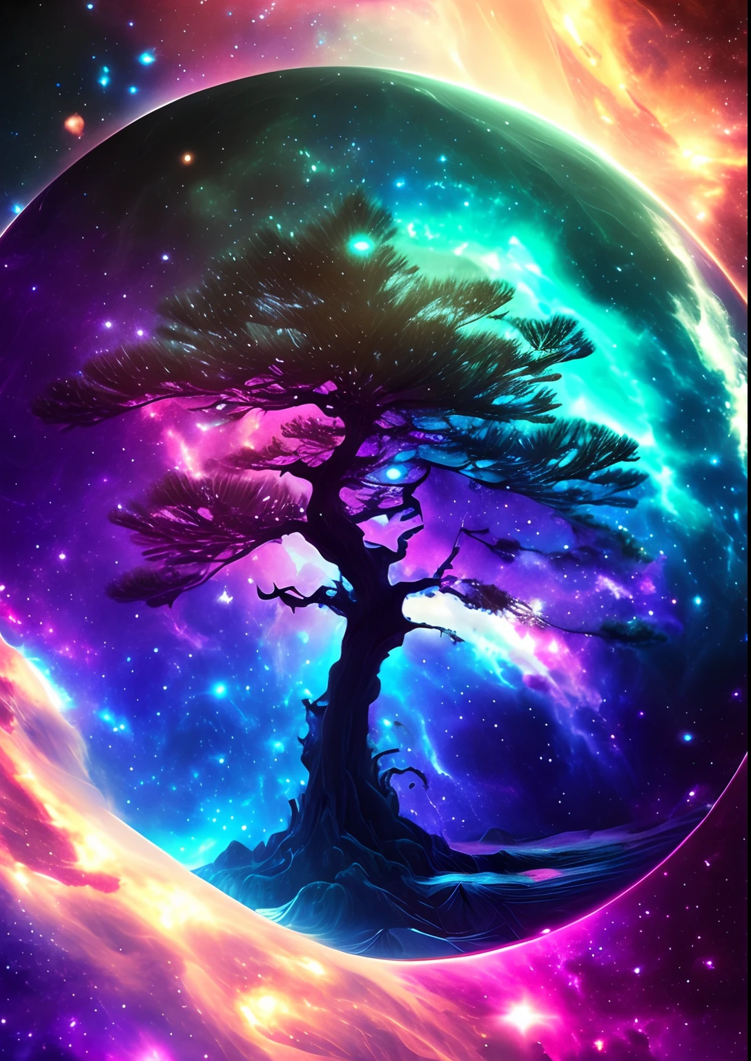 dreamlikeart, galaxy, outer space, nebula, star, [cyberpunked] Pine from the stars (star:1.5),