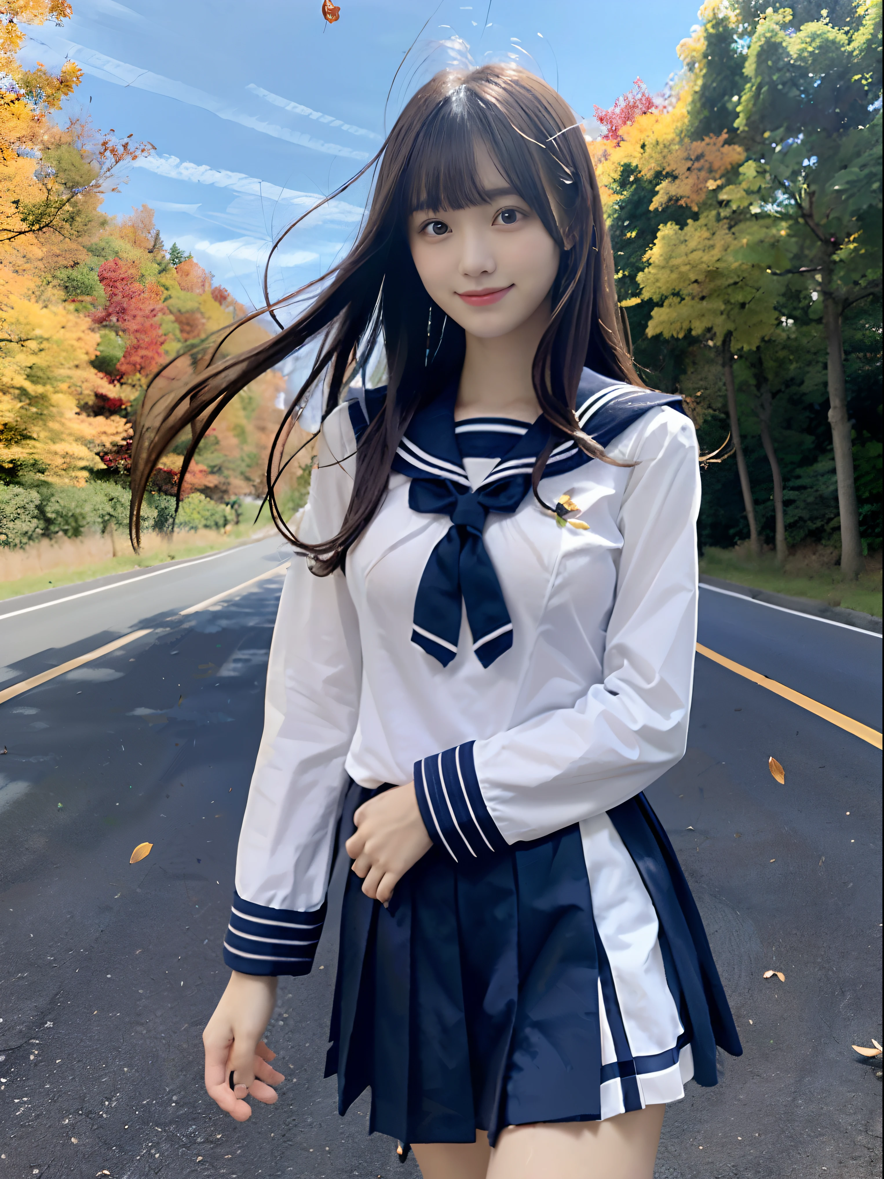 (One girl with slender small breasts and long hair with blunt bangs in a sailor uniform:1.5)、(One girl running on the country road with small smile :1.3)、(falling leaves:1.3)、(Beautiful autumn foliage background :1.3)、(Beautiful big blue sky:1.5)、(Perfect Anatomy:1.3)、(No mask:1.3)、(complete fingers:1.3)、Photorealistic、photography、mastepiece、top-quality、high resolution delicate and pretty、face perfect、Beautiful detailed eyes、Fair skin、Real Human Skin、pores、((thin legs))、(Dark hair)
