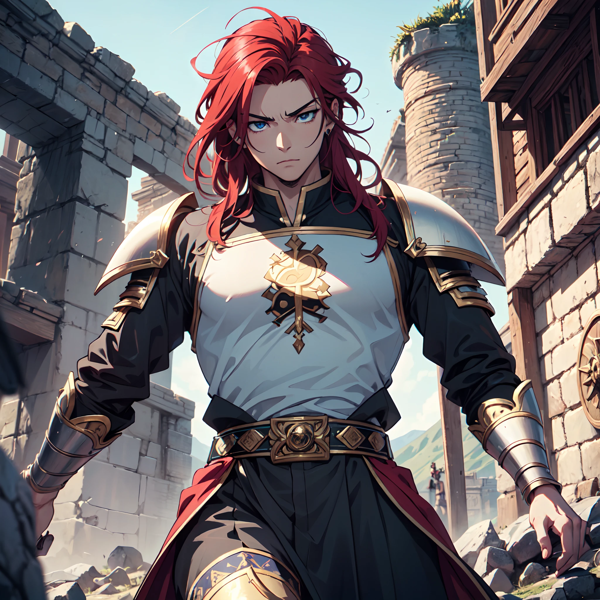 Ultra High Definition, Ultra High Quality, Extremely Detailed, Perfectly Detailed, Masterpiece, 8k, 1 Boy, Look A Like Xin From Kingdom Anime, Handsome, Equipped With Royal Knight Armor, Solid Light Blue Eyes, Long Red Hair, Body Shot, Ancient Kingdom Background