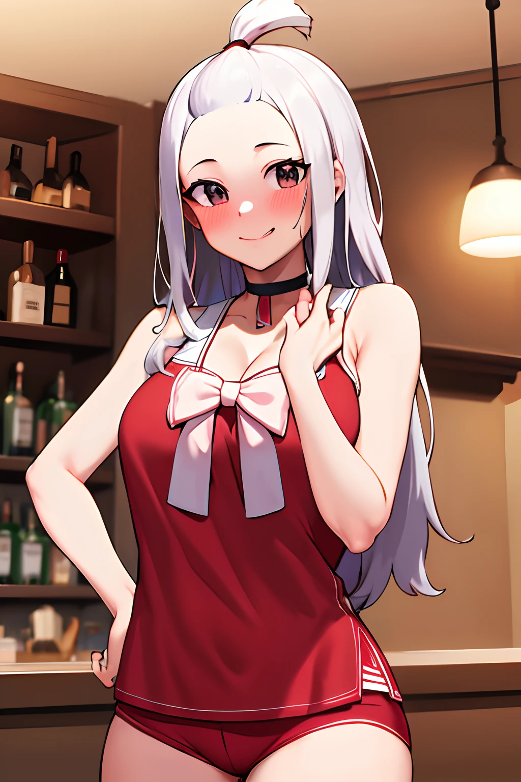 masterpiece, best quality, highres, Amira, long hair, bangs pinned back, topknot, forehead, choker, bare shoulder, cleavage, red mini shorts , bow, sleeveless, cowboy shot, standing, indoor, bar, smile, shy, blushing smile