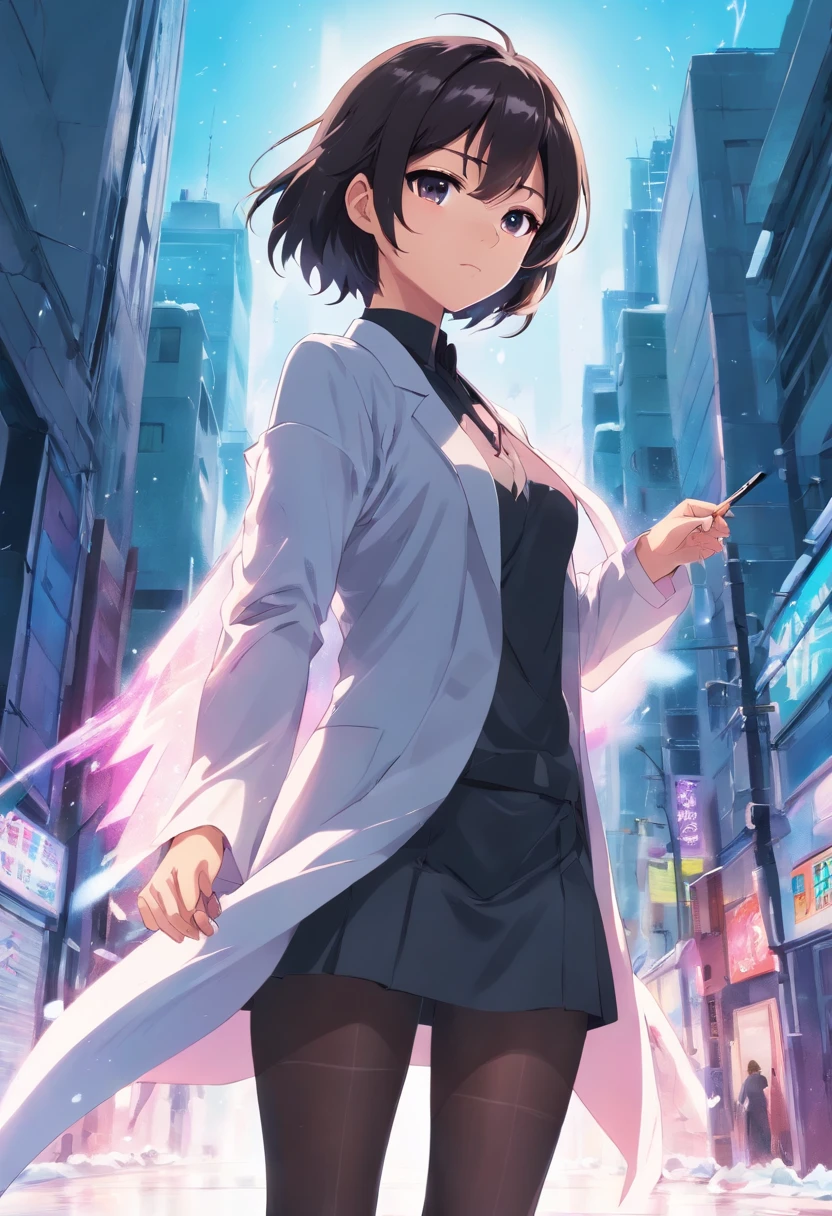 anime,Garota de cabelo branco misturado com rosa e roxo,olhos brancos, holding a katana in his right hand made of ice,fragmentos de gelo ao seu redor e o solo congelado,wearing black pantyhose up to just before the waist,com uma saia um pouco curta indo antes do joelho, cortada um pouco na esquerda da coxa as mostrando,wearing a black blouse up to before the neck,com um decote branco segurando seus peitos, Holding a white overcoat on his arm