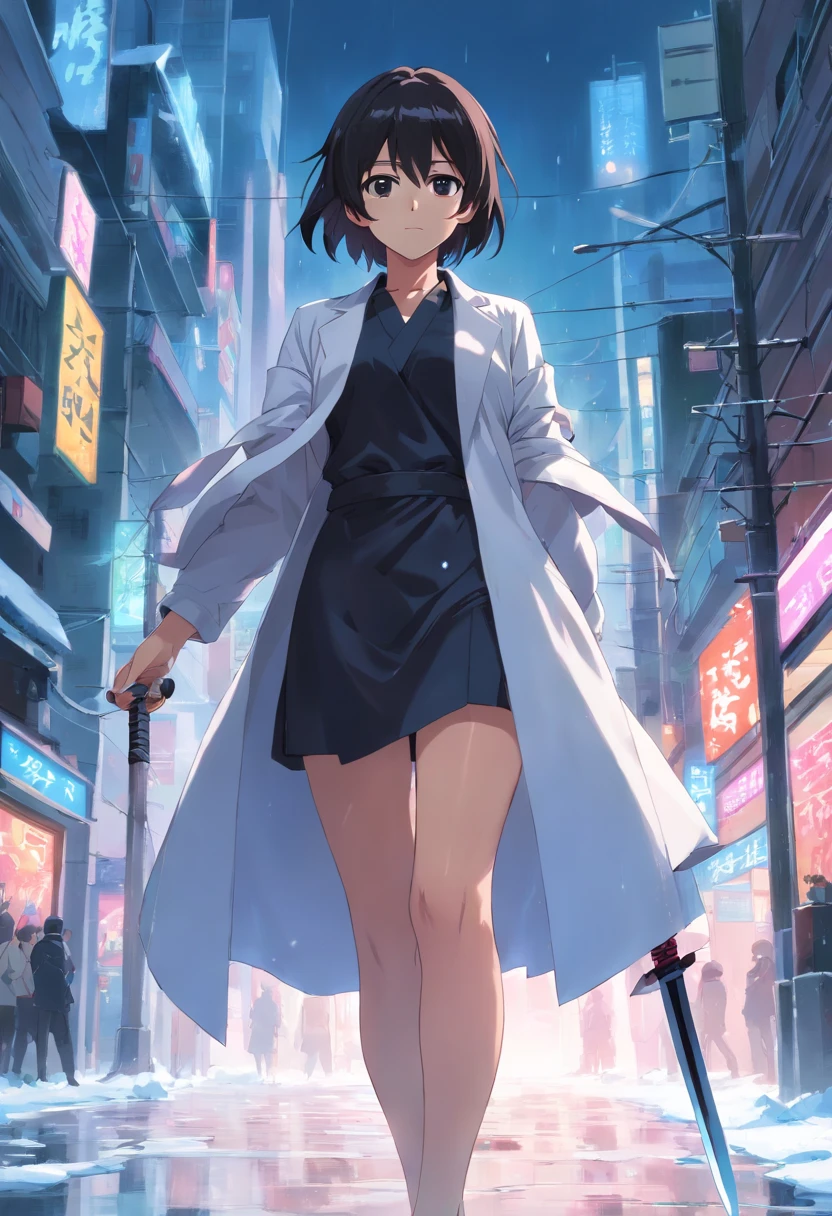 anime,Garota de cabelo branco misturado com rosa e roxo,olhos brancos, holding a katana in his right hand made of ice,fragmentos de gelo ao seu redor e o solo congelado,wearing black pantyhose up to just before the waist,com uma saia um pouco curta indo antes do joelho, cortada um pouco na esquerda da coxa as mostrando,wearing a black blouse up to before the neck,com um decote branco segurando seus peitos, Holding a white overcoat on his arm