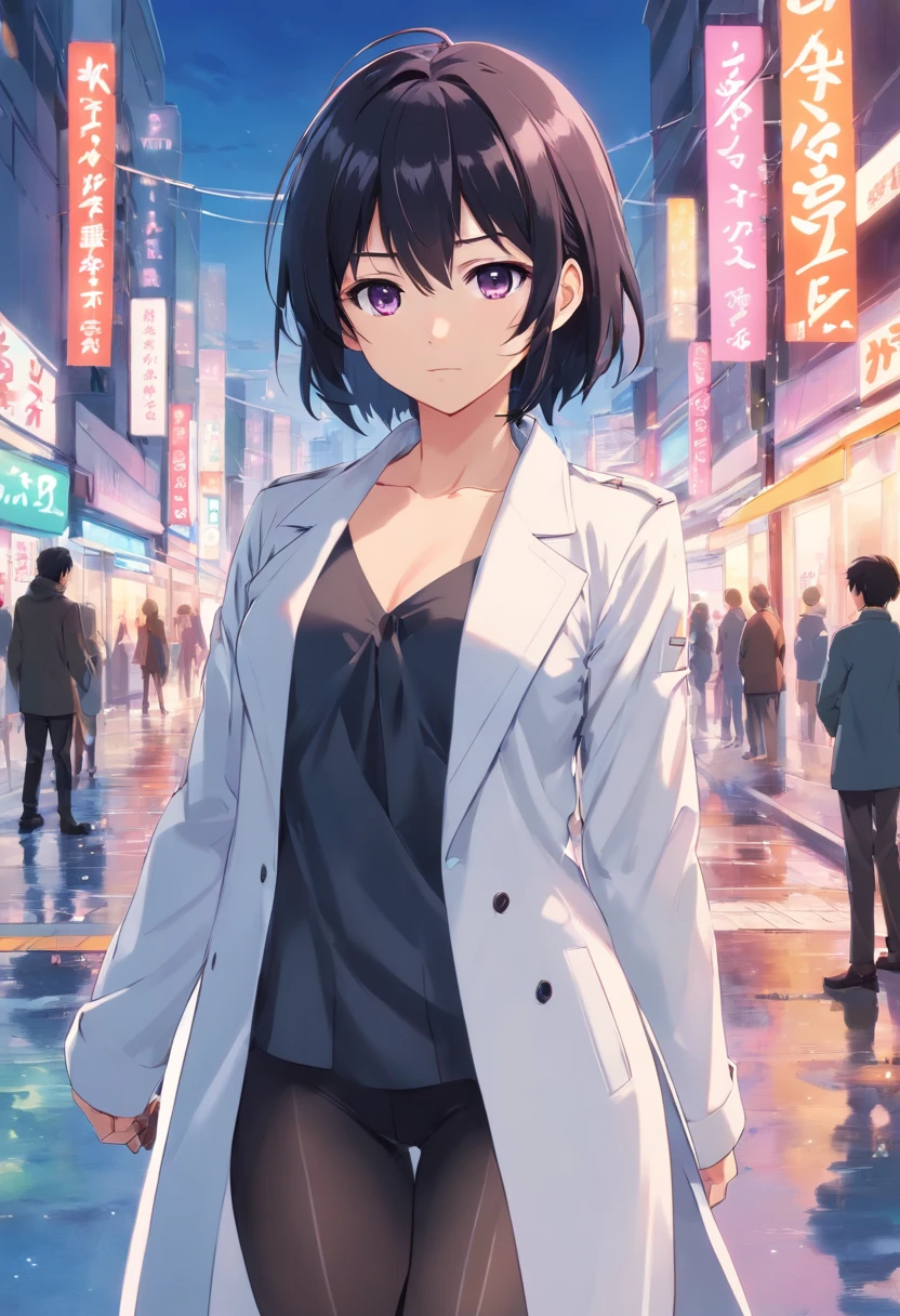 anime,Garota de cabelo branco misturado com rosa e roxo,olhos brancos, holding a katana in his right hand made of ice,fragmentos de gelo ao seu redor e o solo congelado,wearing black pantyhose up to just before the waist,com uma saia um pouco curta indo antes do joelho, cortada um pouco na esquerda da coxa as mostrando,wearing a black blouse up to before the neck,com um decote branco segurando seus peitos, Holding a white overcoat on his arm