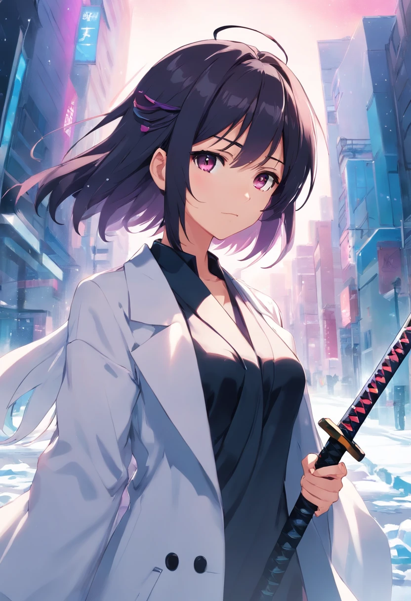 anime,Garota de cabelo branco misturado com rosa e roxo,olhos brancos, holding a katana in his right hand made of ice,fragmentos de gelo ao seu redor e o solo congelado,wearing black pantyhose up to just before the waist,com uma saia um pouco curta indo antes do joelho, cortada um pouco na esquerda da coxa as mostrando,wearing a black blouse up to before the neck,com um decote branco segurando seus peitos, Holding a white overcoat on his arm