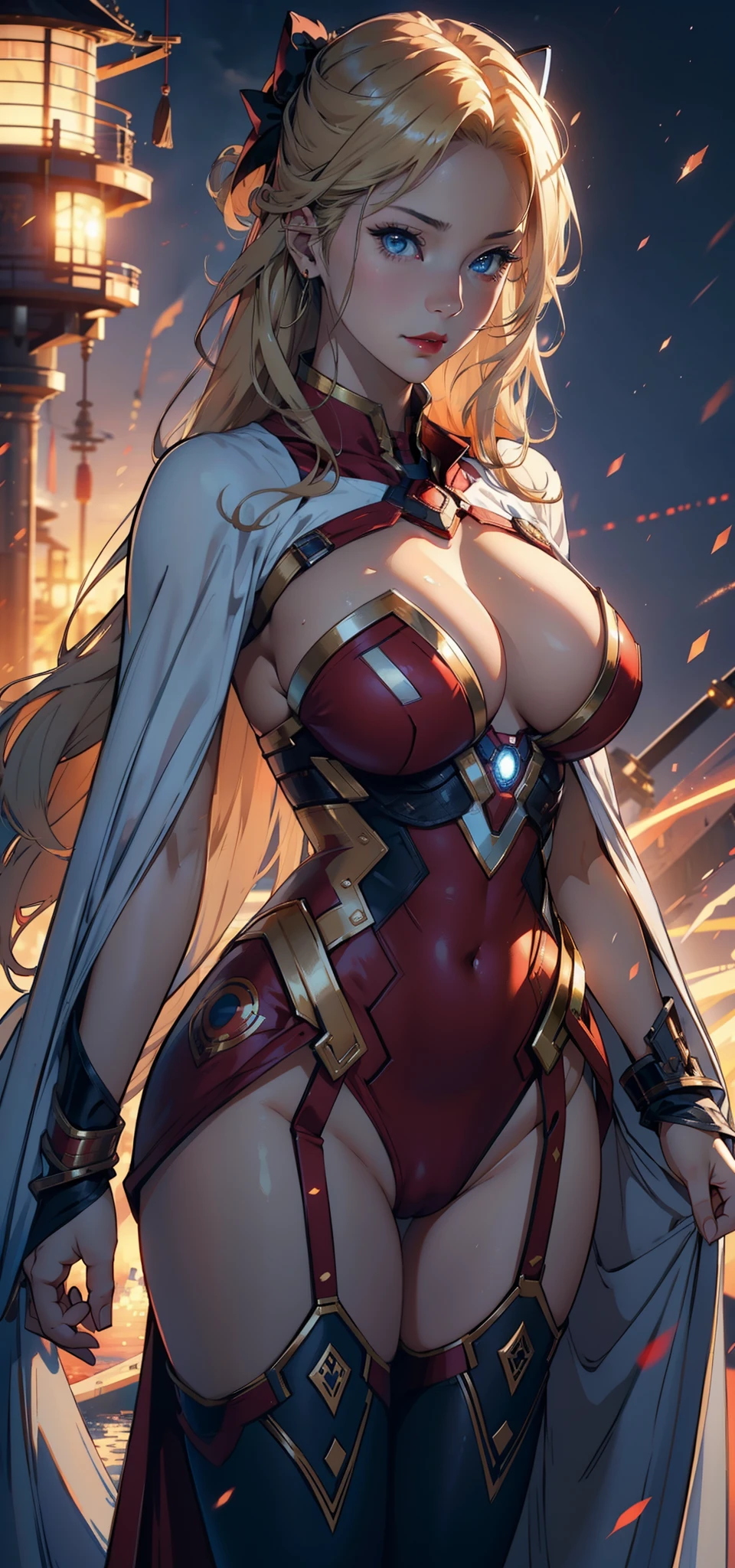 1female,35yo,plumw,extremely large bosom, 独奏,(Background with:Huge machinery,warships,the sea,battleships,nevando) She has long blonde hair,Long flowing hair,Standing at the bow of the ship,,seen from the front, hair straight, mostly cloudy sky,(((tmasterpiece),(Very detailed CG unity 8K wallpaper),best qualtiy,cinmatic lighting,detailed back ground,beatiful detailed eyes,Bright pupils,Blue eyes,Snow-whiteskin,Redlip(Very fine and beautiful),(Beautiful and detailed eye description),ultra - detailed,tmasterpiece,))facing at camera,A high resolution,ultra - detailed),revealing breasts,Bare genitalia, Bulge,legs are open,Raised sexy,Camel toes,Flushed complexion,Desire for dissatisfaction,frontage,Iron Man,Superman uniform,Hanfu,Red cape