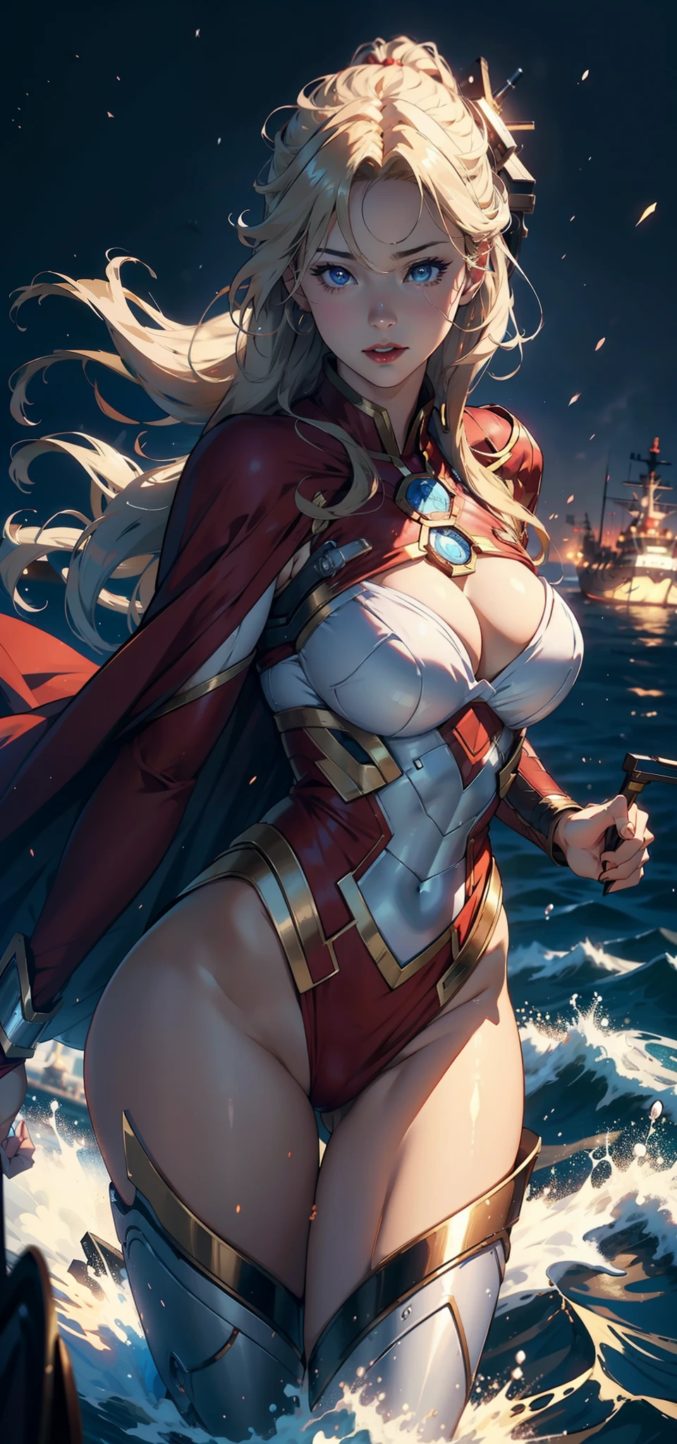 1female,35yo,plumw,extremely large bosom, 独奏,(Background with:Huge machinery,warships,the sea,battleships,nevando) She has long blonde hair,Long flowing hair,Standing at the bow of the ship,,seen from the front, hair straight, mostly cloudy sky,(((tmasterpiece),(Very detailed CG unity 8K wallpaper),best qualtiy,cinmatic lighting,detailed back ground,beatiful detailed eyes,Bright pupils,Blue eyes,Snow-whiteskin,Redlip(Very fine and beautiful),(Beautiful and detailed eye description),ultra - detailed,tmasterpiece,))facing at camera,A high resolution,ultra - detailed),revealing breasts,Bare genitalia, Bulge,legs are open,Raised sexy,Camel toes,Flushed complexion,Desire for dissatisfaction,frontage,Iron Man,Superman uniform,Hanfu,Red cape