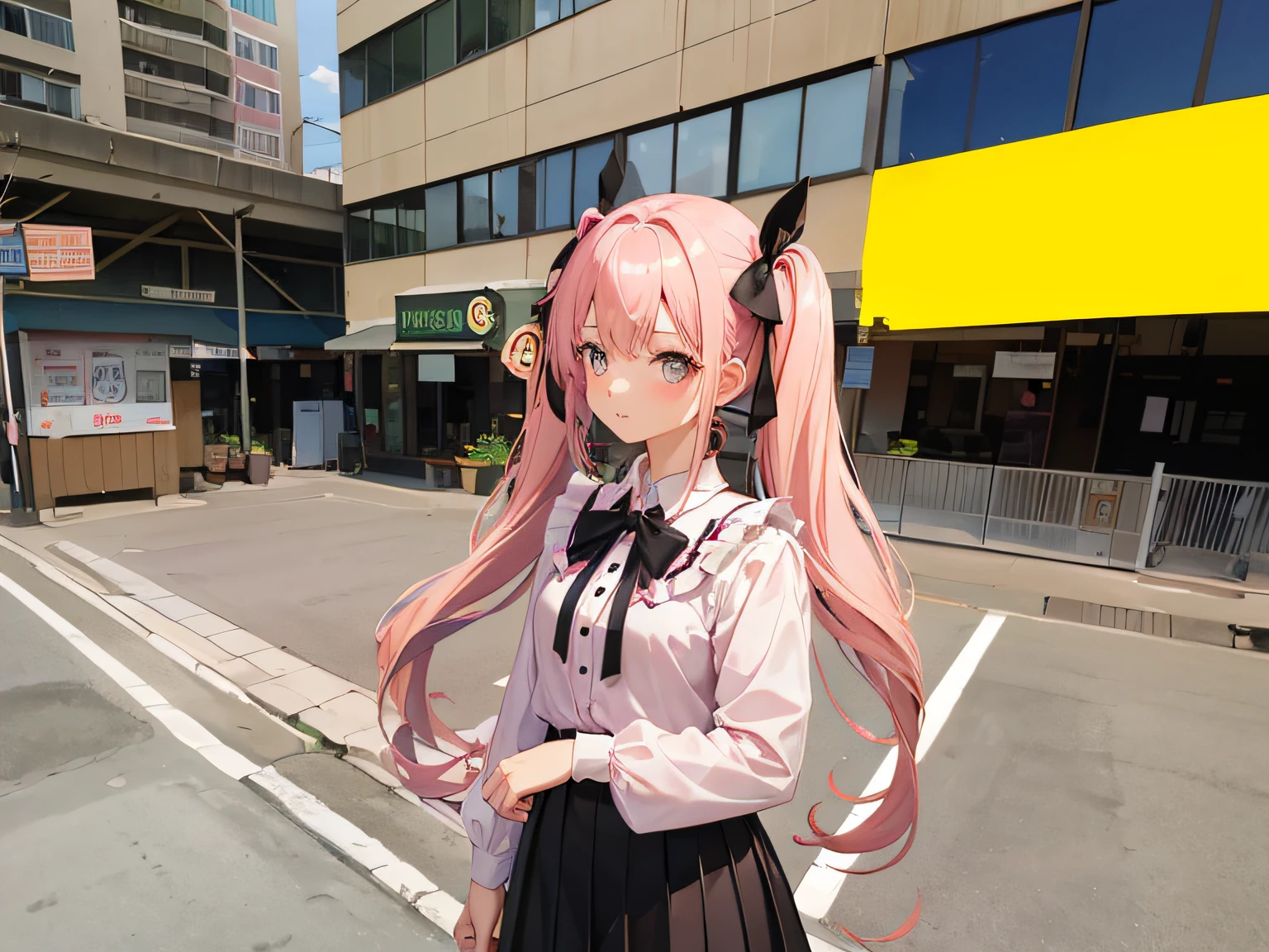Girl with pink hair on twin tails, Wearing a dark pink blouse with a ribbon at the shoulders, And black skirts, There is a shop in the back