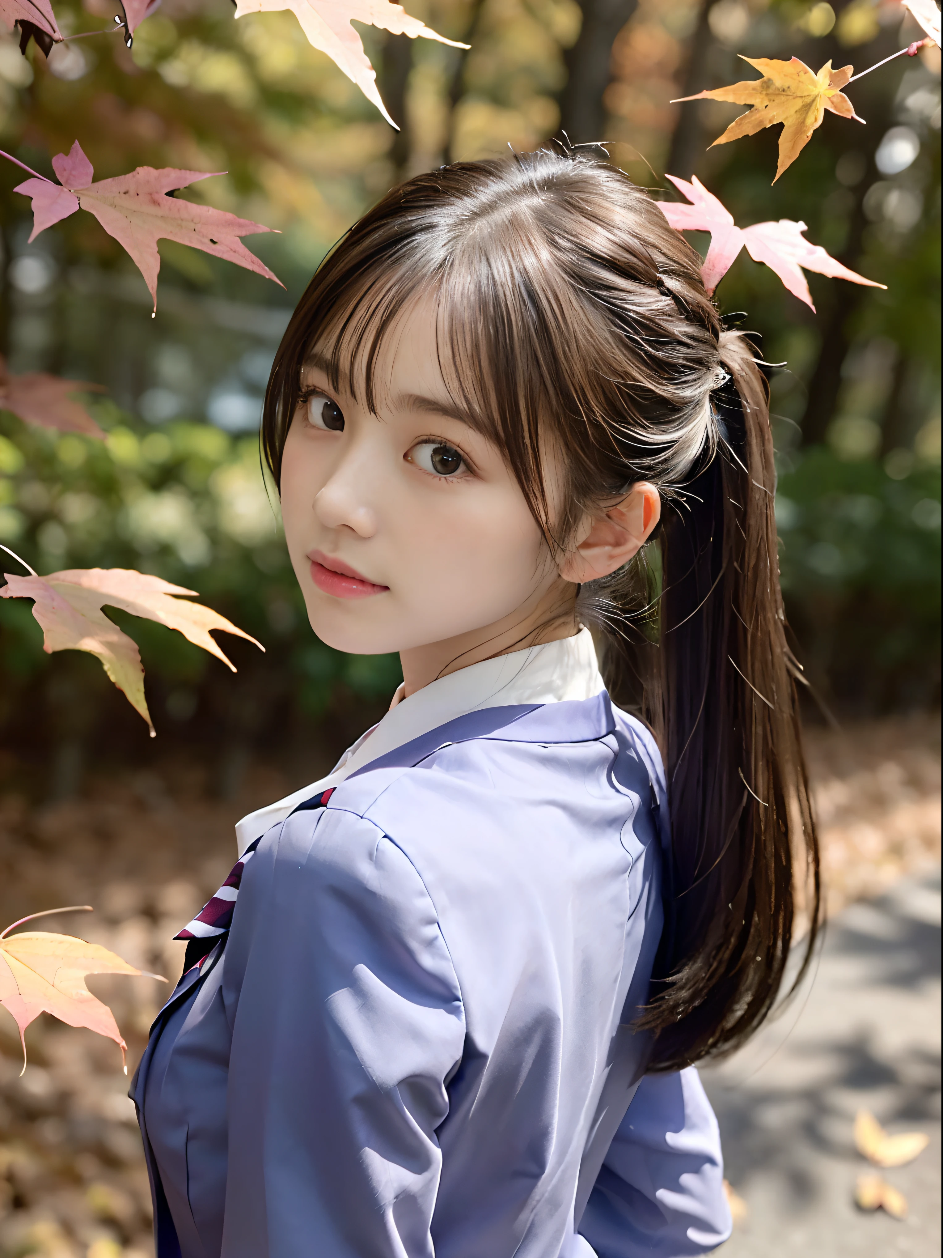 (Close up portrait of a girl with slender small breasts and twin-tailed hair in high school uniform from behind:1.5)、(Low angle shot:1.5)、(Beautiful autumn foliage background :1.3)、(Twilight Time:1.5)、(Perfect Anatomy:1.3)、(No mask:1.3)、(complete fingers:1.3)、Photorealistic、Photography、masutepiece、top-quality、High resolution delicate and cute、face perfect、Beautiful detailed eyes、Fair skin、Real Human Skin、pores、((thin legs))、(Dark hair)