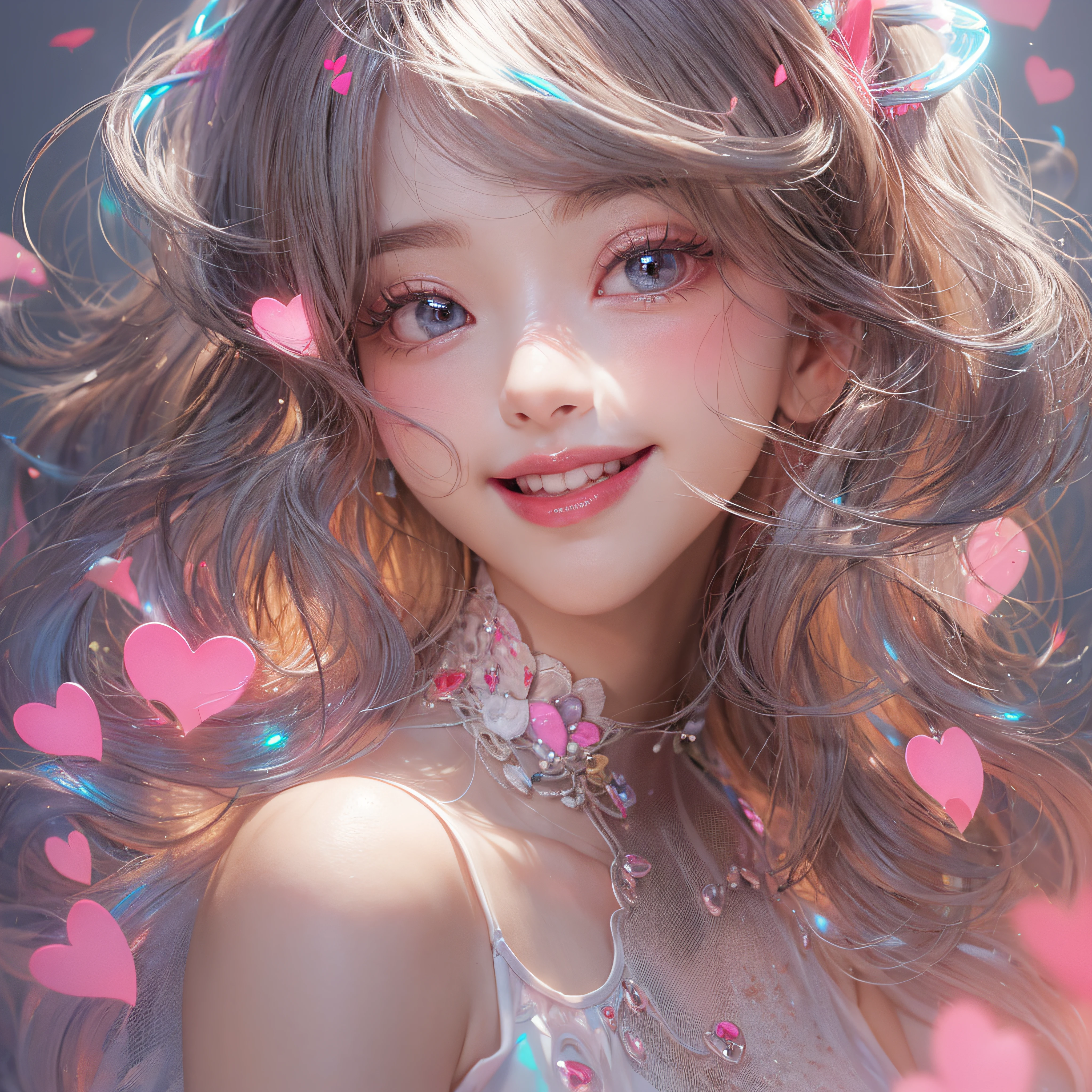 close-up of the smile face、Close-up of laughing face、Designer、super model、makeup、Glossy lips、Shining eyes、(realisitic、hight resolution)、(1 girl in)、Do-Up Eye、Korean Girl、(Best Quality), (masutepiece), (1girl in), Solo, a beauty girl, Perfect face, dreamlikeart、Highly detailed airbrush art((Surreal))、Volumetric lighting、(top-quality)、The ultra-detailliert、Highly detailed colorful details、(Bright lighting)、dynamic compositions、Ray traching、The mirror reflects light、Shallow depth of field、ultra-detailliert、mixing exposure、nffsw、Her eyes are glowing pink、Pink glowing 3D heart on background、Pink glowing heart on background