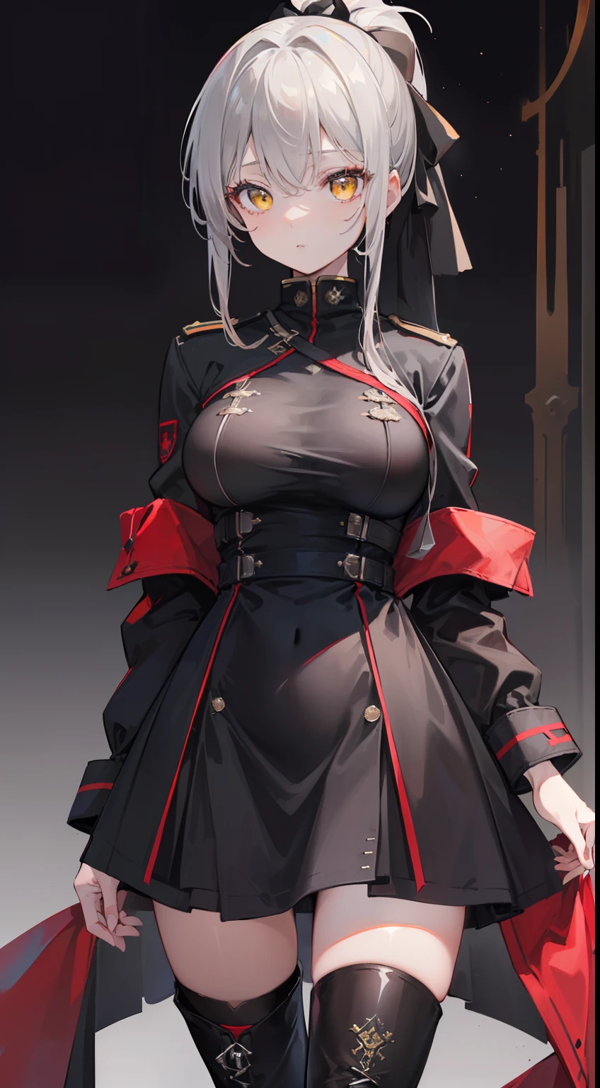 (top-quality、masterpiece、high-level image quality、Super delicate)、a beauty girl、smooth ash gray hair、(Loose ponytail tied with a black ribbon)、Gorgeous yellow eyes、large full breasts、((Dark red long jacket and black military uniform sexy dress、Black Thigh Boots))、top grade、(Estrus look)、Obscene tattoos、Brainwashed、Darkness Fall