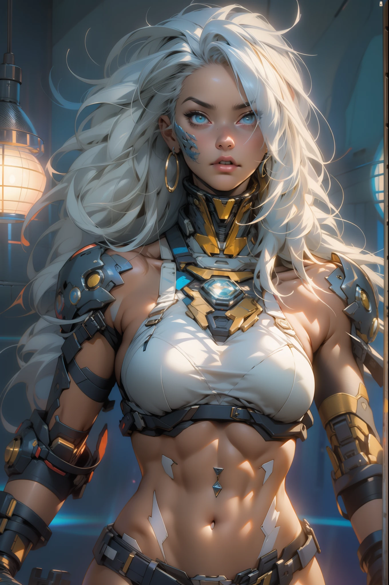 (((adult woman))), ((Best quality)), ((masterpiece)), (detailed: 1.4), (Absurd), warrior muscular adult woman of 35 years with micro thong in the style of Simon Bisley, perfect body, bare thighs, neckline, large breasts, blue 2-piece clothing, almost naked, long white hair, tattoo on the arms, cybernetic hand, pastel, centered, scale to fit the dimensions, HDR (High Dynamic Range), Ray Tracing,NVIDIA RTX,Super-Resolution,Unreal 5,Subsurface Dispersion, PBR Texture, Post-processing, Anisotropic Filtering, Depth of field, Maximum clarity and sharpness, Multilayer textures, Albedo and specular maps, Surface shading, Accurate simulation of light-material interaction, Perfect proportions, Octane Render, Two-tone lighting, Wide aperture, Low ISO, White balance, Rule of thirds, 8K RAW