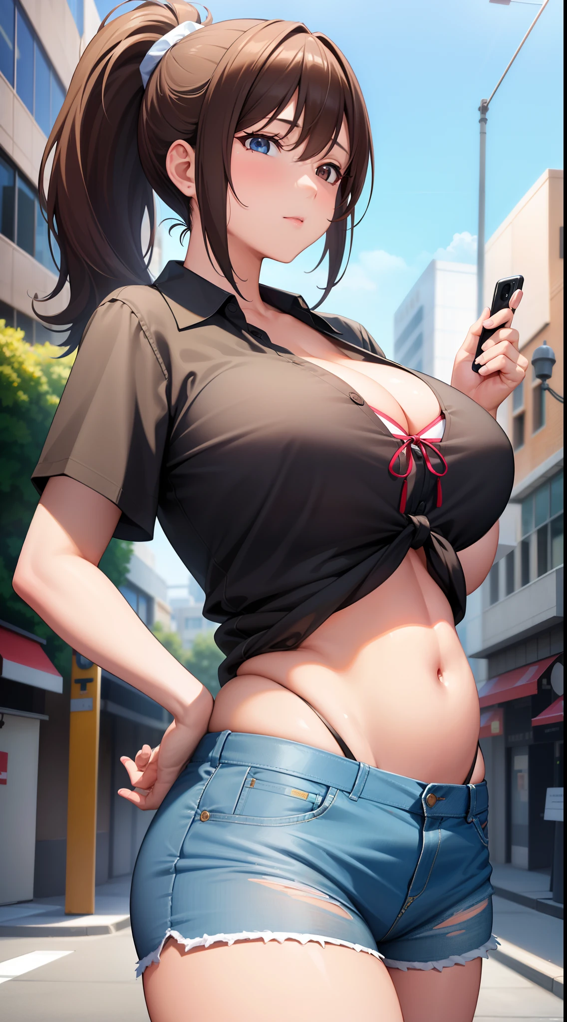 (best quality:1.5, highres, UHD, 4K, detailed lighting, shaders), brown ponytail, large breasts, tied shirt, belly, shorts, cleavage, street background, (pov, close shot)