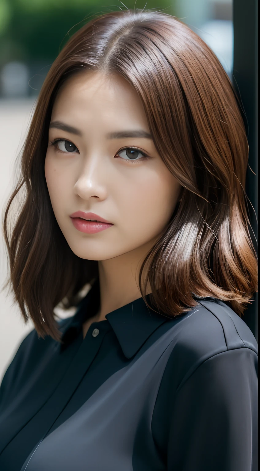 ((Best Quality, 8K, masutepiece :1.3)), Sharp Focus :1.2, Perfect figure beautiful woman:1.4, Slim abs:1.2, ((dark brown  hair, Colossal tits:1.2)), Black Silk Color Shirt，No milk，(Natural light, the city street:1.1), Highly detailed facial and skin texture，A detailed eye，二重まぶた