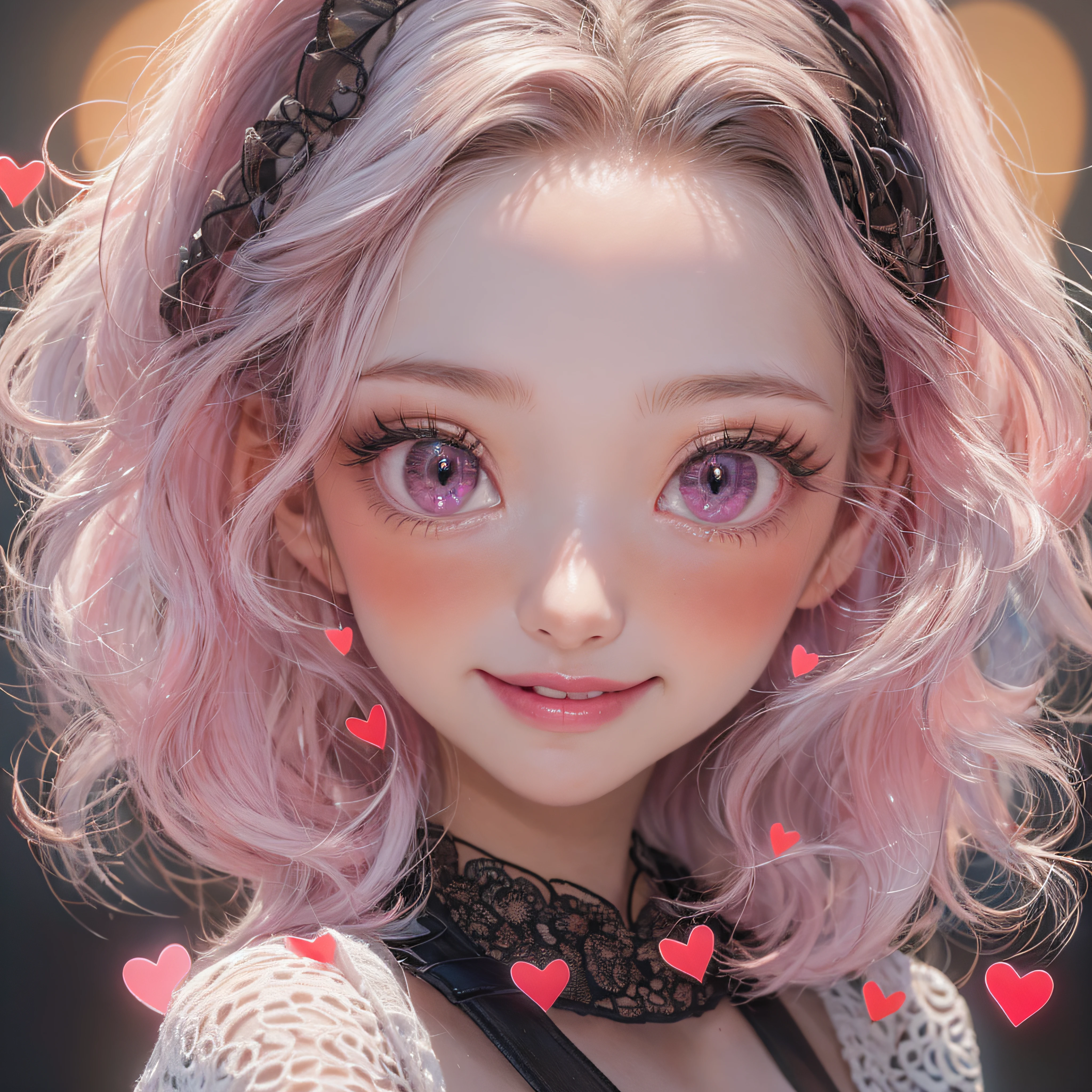 close-up of the smile face、Close-up of laughing face、Designer、super model、makeup、Glossy lips、Shining eyes、(realisitic、hight resolution)、(1 girl in)、Do-Up Eye、Korean Girl、(Best Quality), (masutepiece), (1girl in), Solo, a beauty girl, Perfect face, dreamlikeart、Highly detailed airbrush art((Surreal))、Volumetric lighting、(top-quality)、The ultra-detailliert、Highly detailed colorful details、(Bright lighting)、dynamic compositions、Ray traching、The mirror reflects light、Shallow depth of field、ultra-detailliert、mixing  exposure、nffsw、Her eyes are glowing pink、Pink glowing 3D heart on background、Pink glowing heart on background