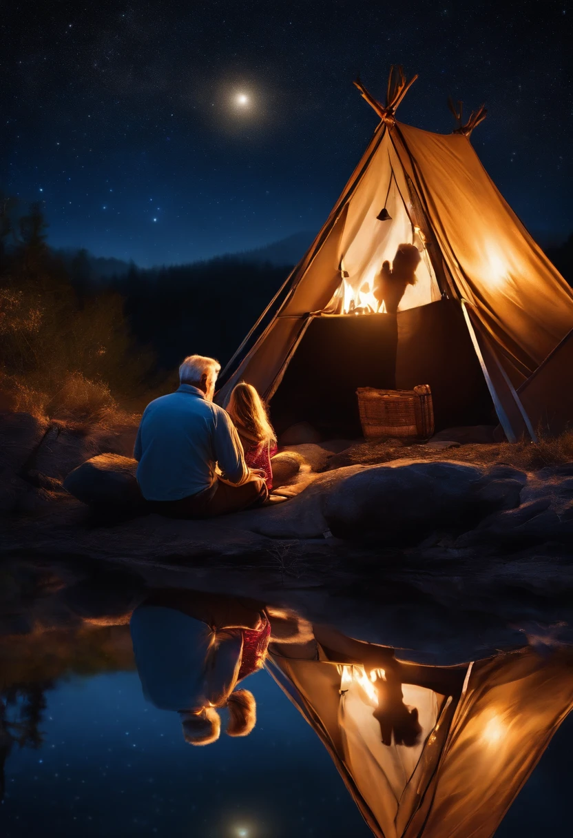 An image of an old father and daughter sitting by a campfire under a starry night sky, with the stars shining brightly above.