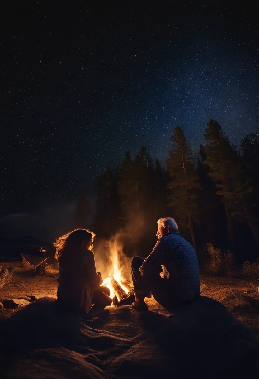 An image of an old father and daughter sitting by a campfire under a starry night sky, with the stars shining brightly above.