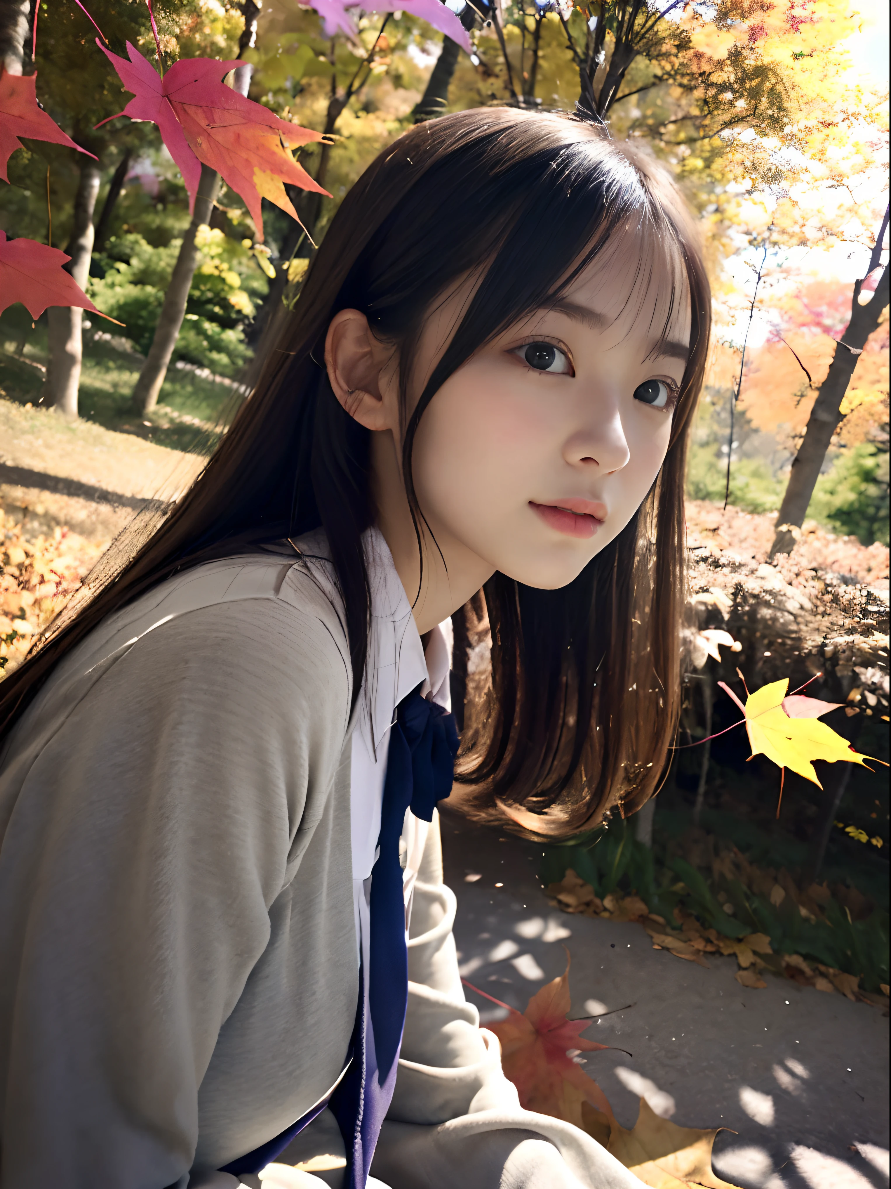 (Close up portrait of girl with slender small breasts and twin-tailed hair in high school uniform from behind: 1.5)、(Low  angle shot:1.5)、(Beautiful autumn foliage background :1.3)、(Twilight Time:1.5)、(Perfect Anatomy:1.3)、(No mask:1.3)、(complete fingers:1.3)、Photorealistic、Photography、masutepiece、top-quality、High resolution, delicate and pretty、face perfect、Beautiful detailed eyes、Fair skin、Real Human Skin、pores、((thin legs))、(Dark hair)