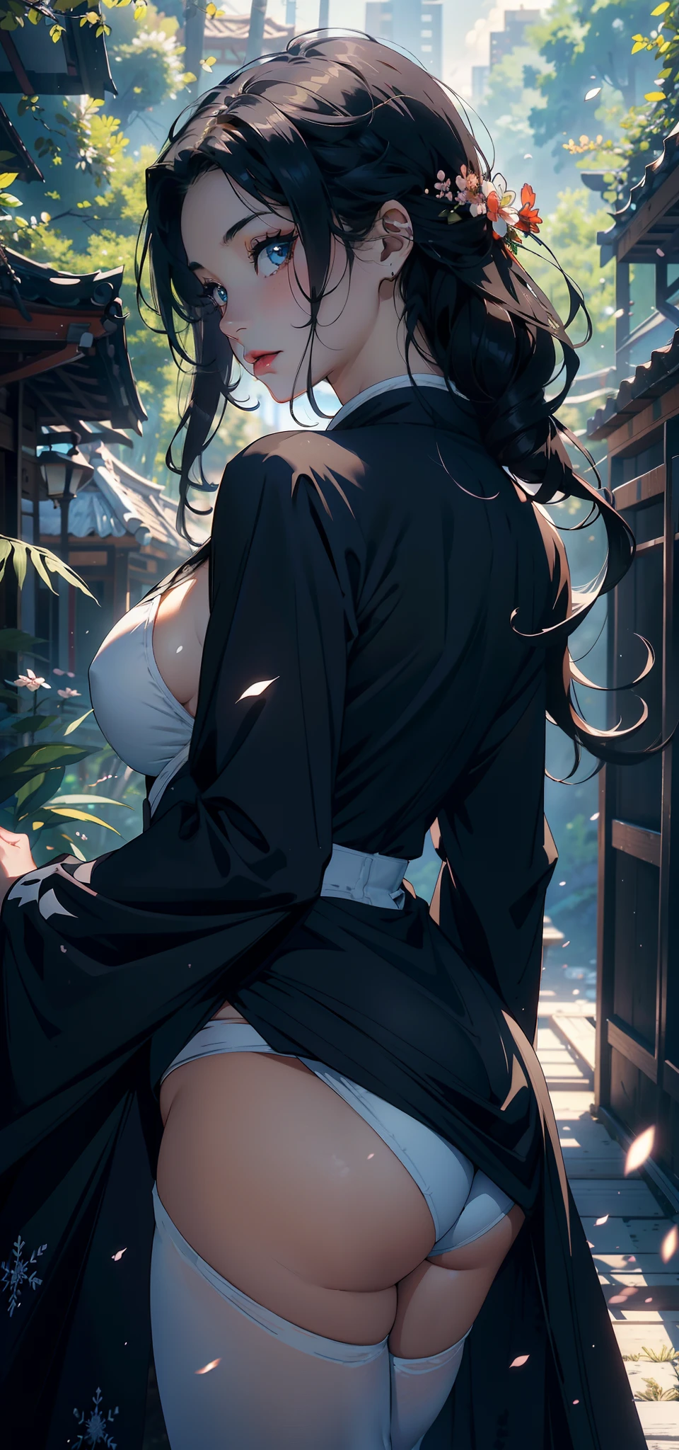 1female,35yo,A MILF,plumw,extremely large bosom, 独奏,(Background with:Cherry blossom forest,ln the forest)Deep in the forest, She has very short black hair,bobo head,Maiden Station,,seen from the front, hair straight, mostly cloudy sky,(((tmasterpiece),(Very detailed CG unity 8K wallpaper),best qualtiy,cinmatic lighting,detailed back ground,beatiful detailed eyes,Bright pupils,Blue eyes,(Very fine and beautiful),(Beautiful and detailed eye description),ultra - detailed,tmasterpiece,))Redlip,facing at camera,A high resolution,ultra - detailed),Camel toes,Flushed complexion,Desire for dissatisfaction,frontage,SakuraNS ,US Navy,Snowflake decoration,(Wearing:Black cape,White marshal uniform,black colored leggings)