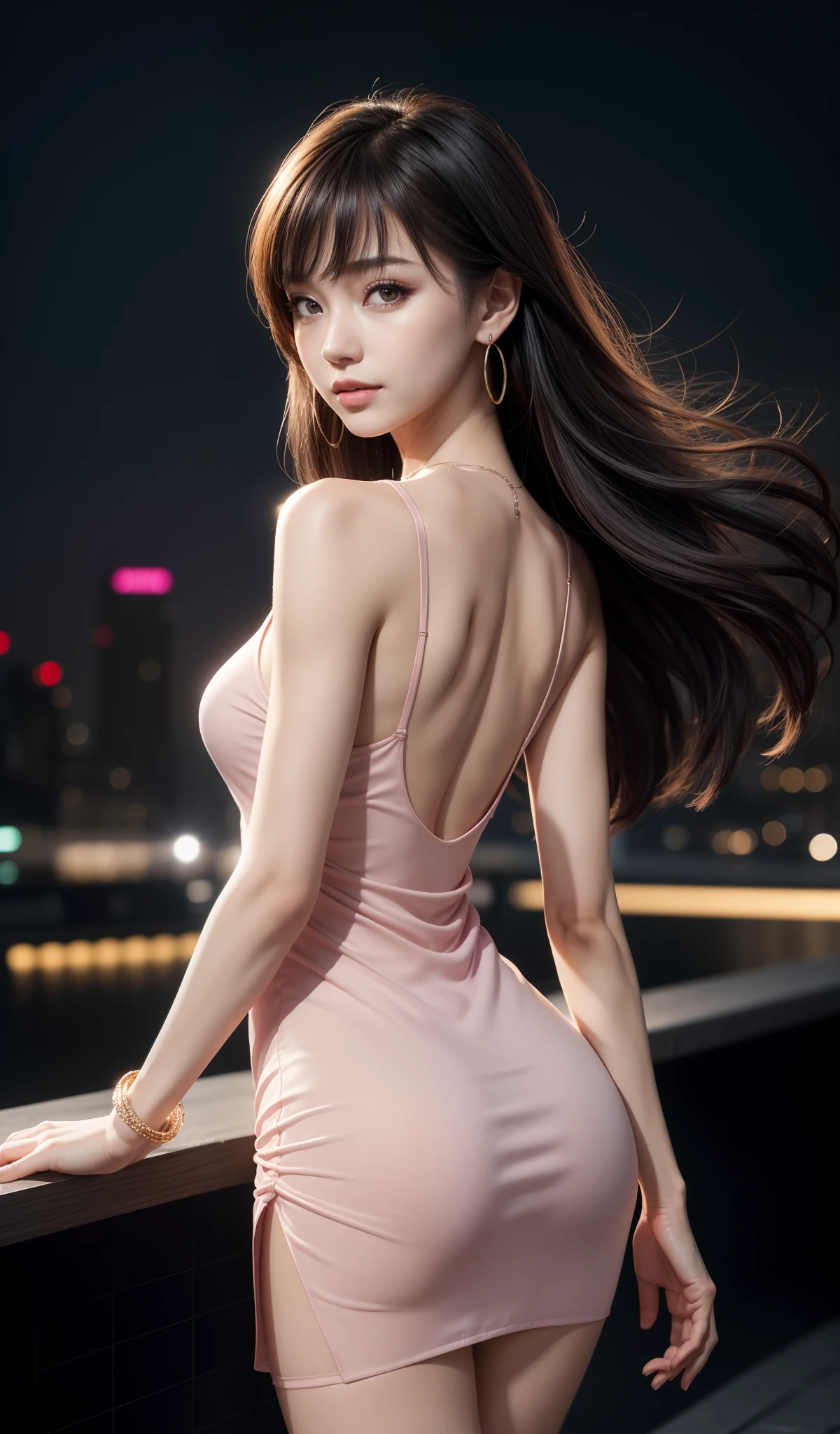 8K, Masterpiece, RAW photo, Best quality, detail:1.2),Photorealistic, Extremely detailed Cg Unity 8K wallpaper, Depth of field, Cinematic light, Lens flare, Ray tracing,
(Extremely beautiful face, Beautiful lips, Beautiful eyes), intricate detail face, ((ultra detailed skin)) 1girll, In the dark, deepshadow,
Pretty Korean girl, Kpop idol,(Very slim and slender muscular body:1.3), ((view the viewer)),(Big smile), (bodycon minidress),(Pink dress), (Injection sleeve) , (City Night, (neon lights sign), (Night), Pretty Korean girl, Earrings, bangle, necklace, Pantyhose, Clear eyes, Walking , (Pale skin), Face forward, (Big eyes), ((upperbody shots)), tightly dress, Silk dress , Turn Back, Back shot, Very slim, slander