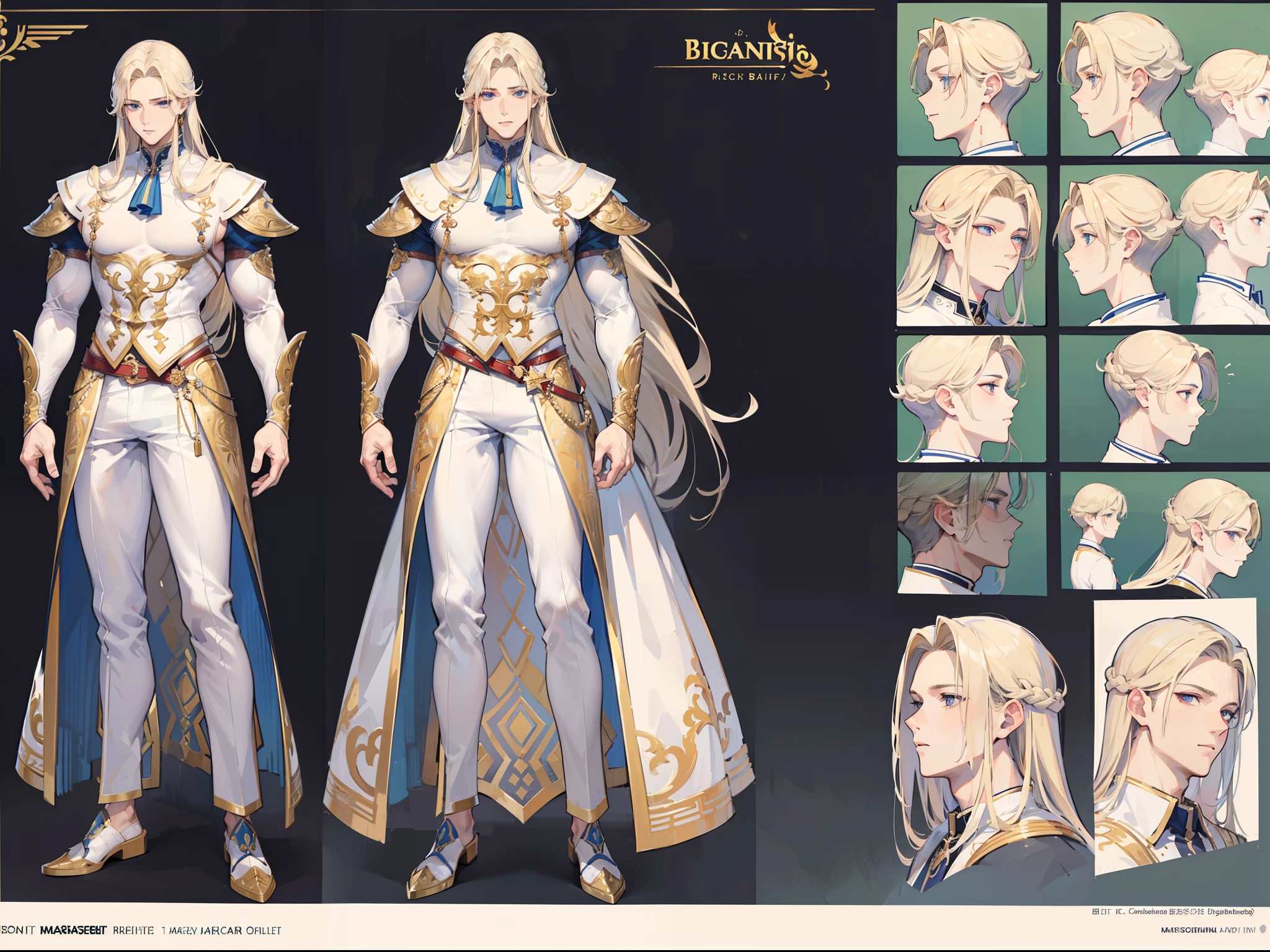 ((Masterpiece, Highest quality)), Detailed face, character design sheet, full bodyesbian, Full of details, frontal body view, back body view, Highly detailed, Depth, Many parts, Muscle boy with long blonde hair with long bangs,handsome man, muscle body, white outfit male, man tall, nobleman, aristocratic, elegant, neat