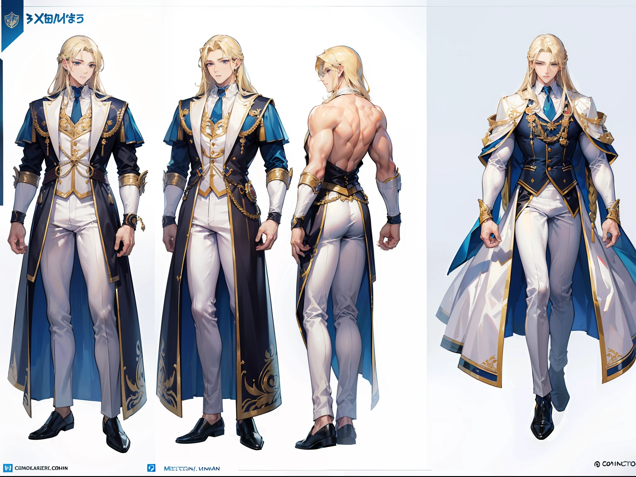 ((Masterpiece, Highest quality)), Detailed face, character design sheet, full bodyesbian, Full of details, frontal body view, back body view, Highly detailed, Depth, Many parts, Muscle boy with long blonde hair with long bangs,handsome man, muscle body, white outfit male, man tall, nobleman, aristocratic, elegant, neat
