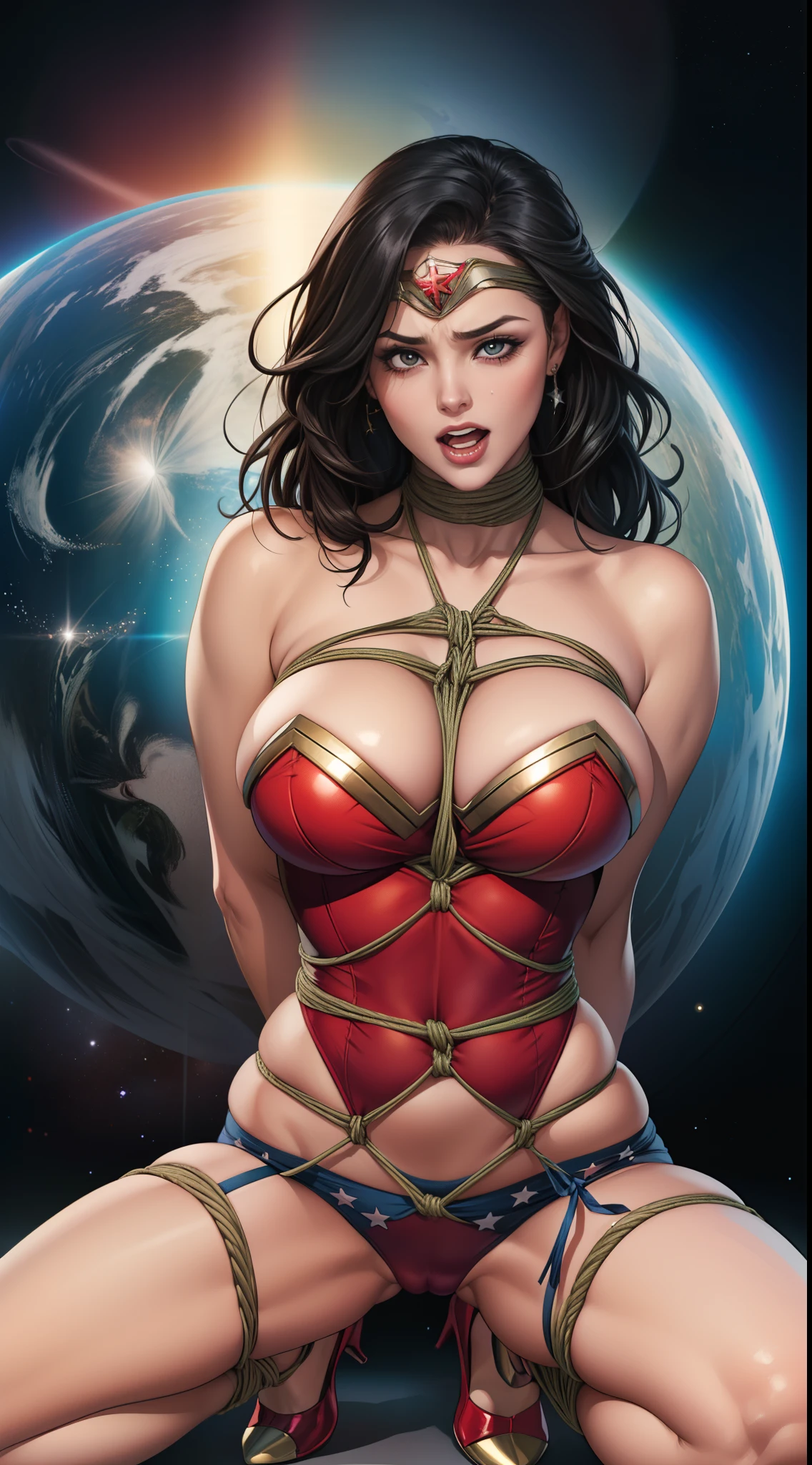 (( She's weak., nas pontas dos dedos)) (She's wearing stiletto high heels) ((Your blouse is tattered, Your mesh is tattered, his uniform is tattered, seu traje esta esfarrapado, your clothes are tattered)), (((SUPERHEROINE Wonder Woman half crouched))), ((vezes, vagabunda, prostituta, vadia)) She's sweaty all over her body. She's screaming in terror, She's terrified, She's crying a lot. ((ela tem cabelo preto, ela tem cabelo longo)), ((She's wearing a Fishnet garter belt)), ((Wearing a thick metal necklace around the neck )) She screams and begs for mercy, Ela cai no choro. Wearing a thick metal necklace around the neck with a chain. Usando maquiagem pesada no rosto. (Your clothes are immoral, your clothes are indecent). (((Shibari, arms behind back:1.4))), (((hands on back))), (obra-prima, melhor qualidade) 1.5, 1girl, sozinho, (sexy, mulher bonita, rosto perfeito, olhos perfeitos) corpo inteiro, ((cabelos pretos)). ((High Definition Face)). (((She's in outer space)))