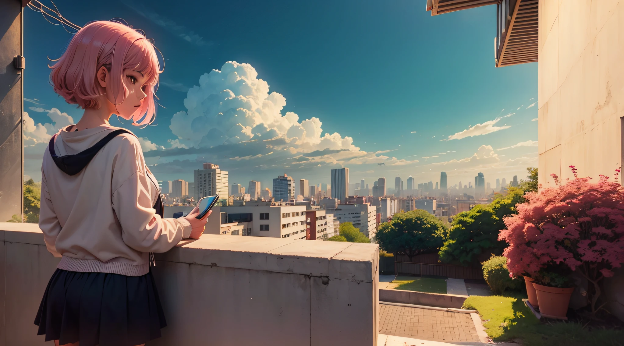 Lofi Musica Anime Ilustrativos, uma menina com cabelo rosa em um jardim, com livros, um notebook com uma pela vista de uma cidade de dia , listening to music while conceiving in studies, uma atmosfera agradavel ,estilo anime LOFI