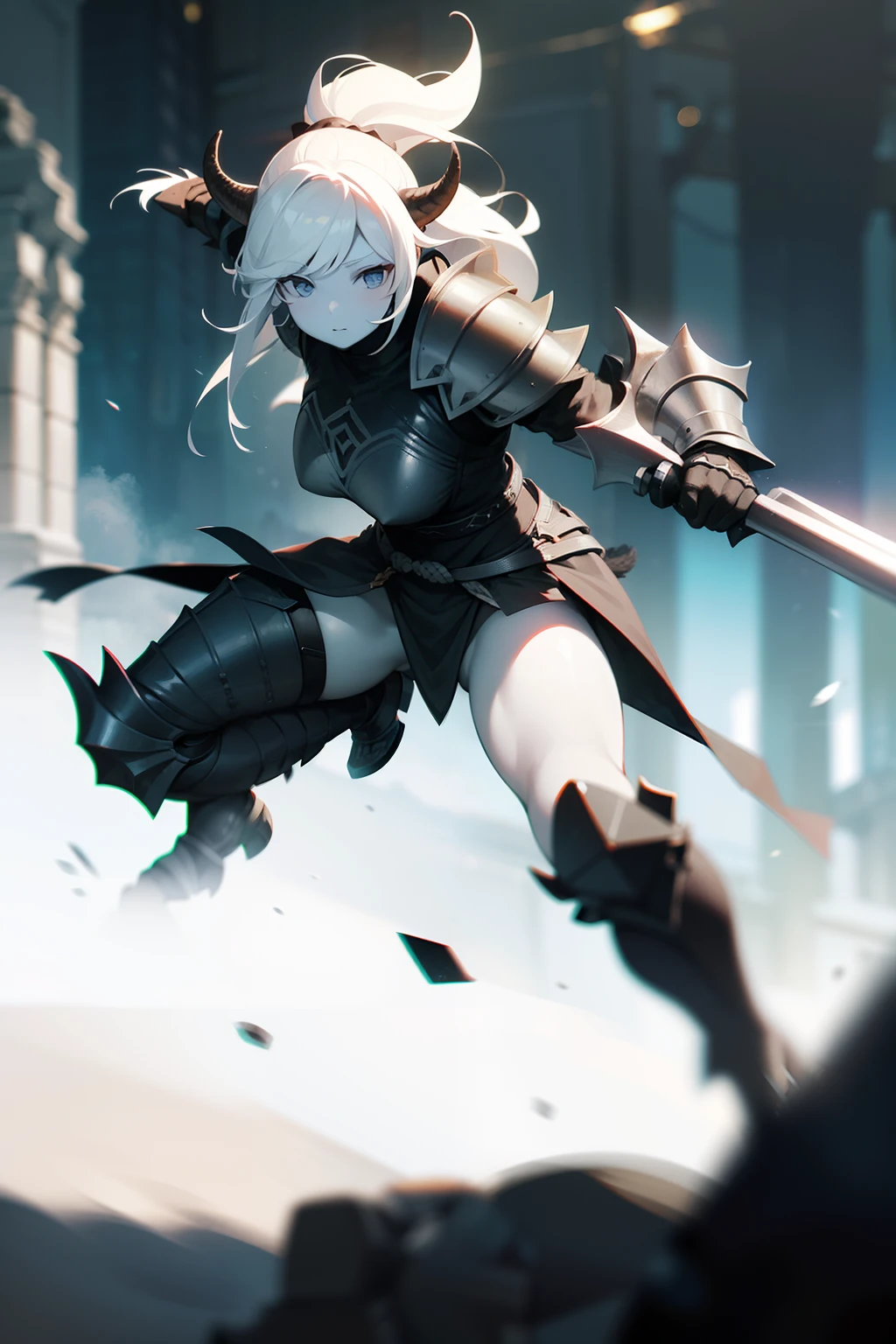 photo photorealism photorealistic photoquality best quality, female ogre with (white skin:1.2) wearing black leather armor, ogre's horn, outdoor, dramatic lighting, bokeh, action pose, full body shot