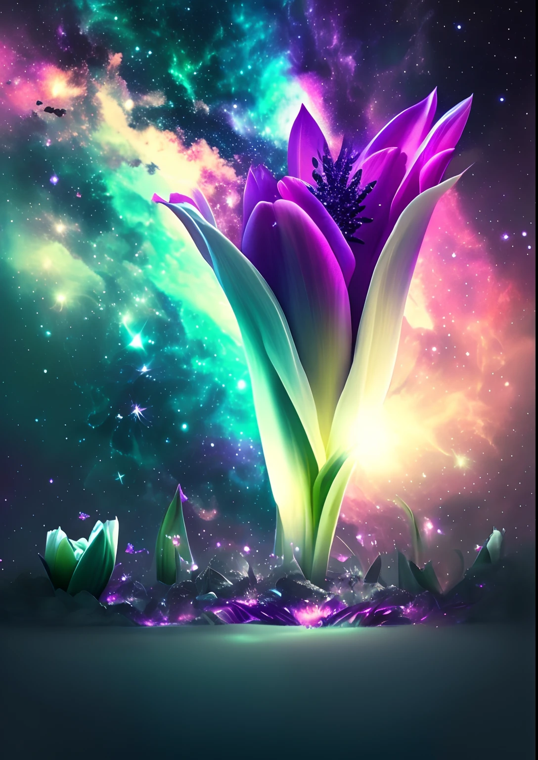 dreamlikeart, galaxy, outer space, nebula, star, [cyberpunked] Tulips from the stars (star:1.5),