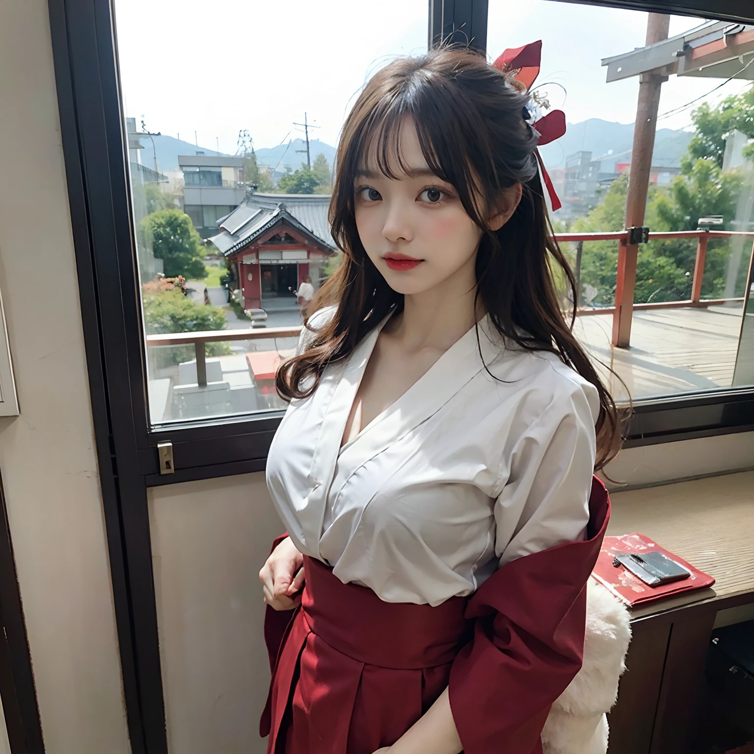 Woman in red skirt and white shirt is taking pictures, japanese girl school uniform, hakama kimono, Japan school uniform, Collar white and red, A Japanese style, Red kimono, Japanese style, traditional japanese, Wearing Hakama, japanese kimono,The background is indoors,The background is indoor,No bra,feet visible ,You can see the valley ,cleavage of the breast ,Furisode ,Standing posture ,stand up