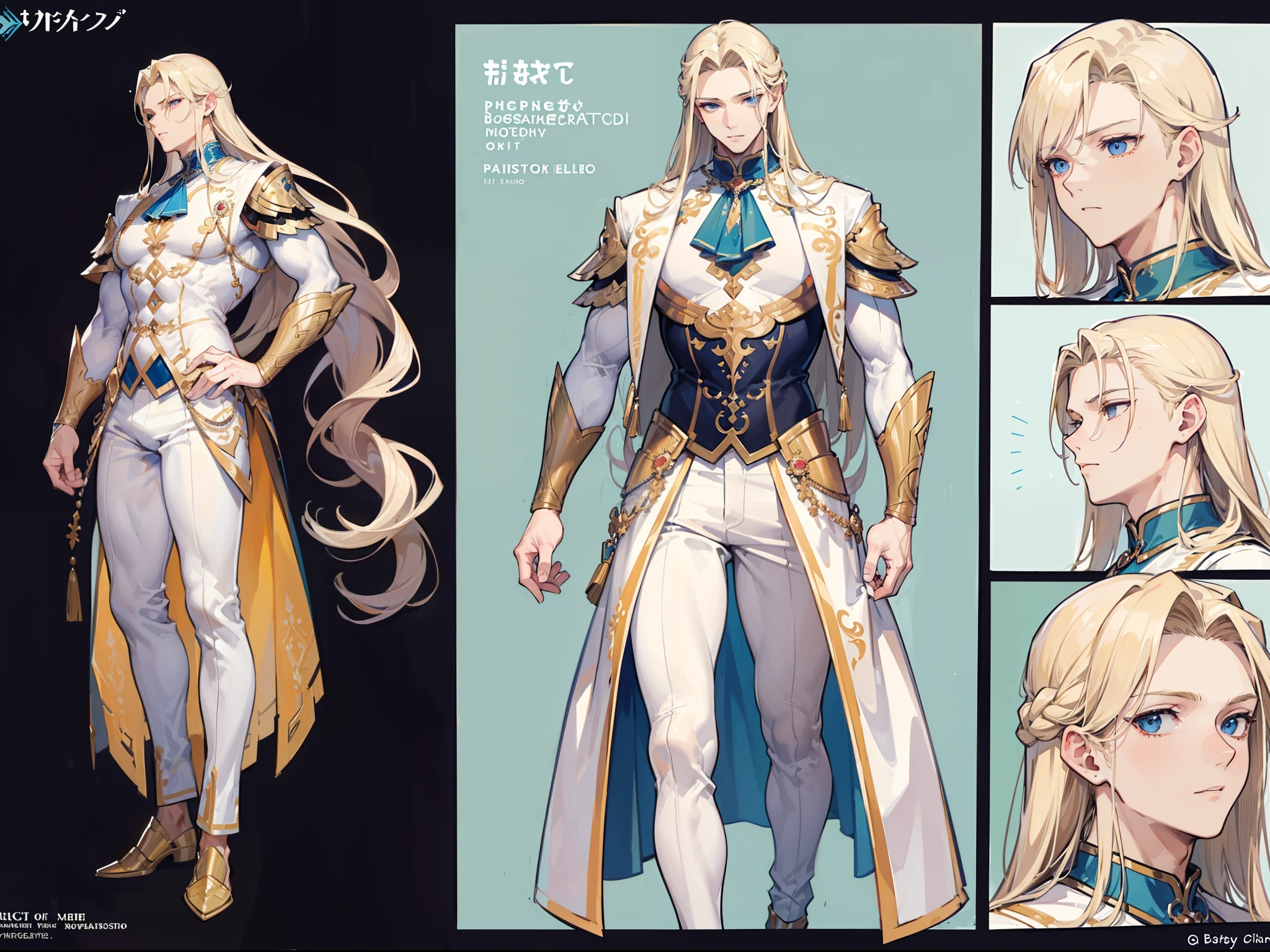 ((Masterpiece, Highest quality)), Male, boy, Detailed face, character design sheet， full bodyesbian, Full of details, frontal body view, back body view, Highly detailed, Depth, Many parts, Muscle boy with blonde long hair，handsome man, angel outfit clothes, Genshin Impact, man tall, pectoral muscles, abs