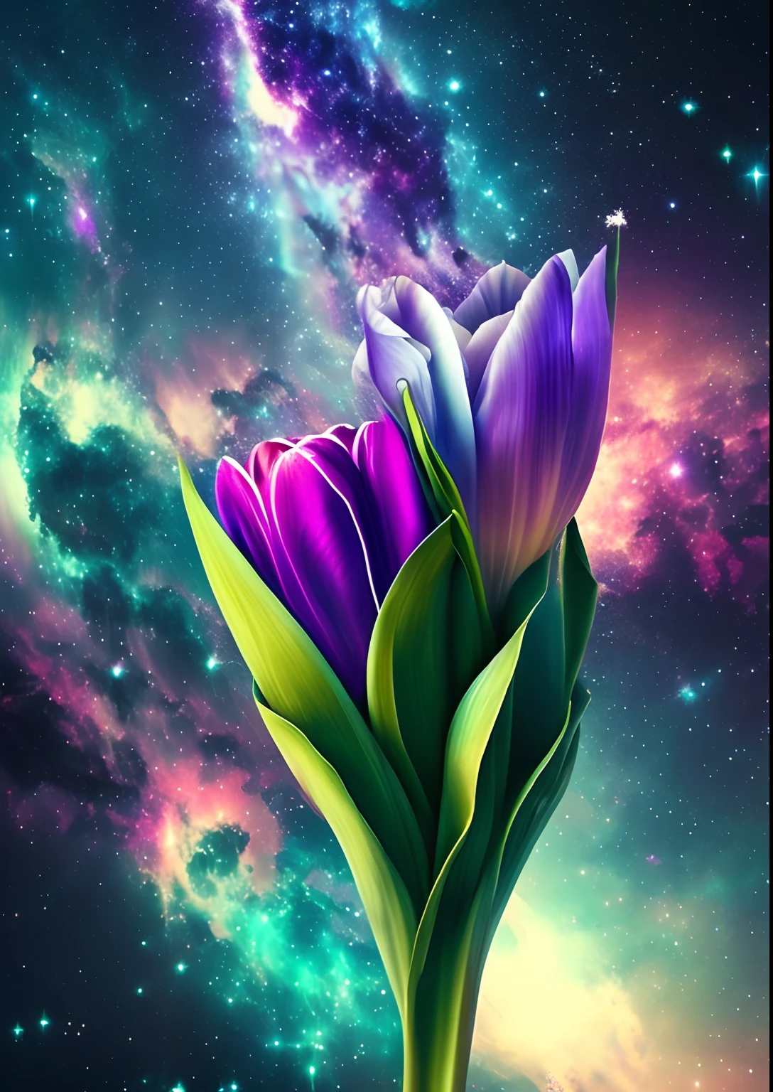 dreamlikeart, galaxy, outer space, nebula, star, [cyberpunked] Tulips from the stars (star:1.5),