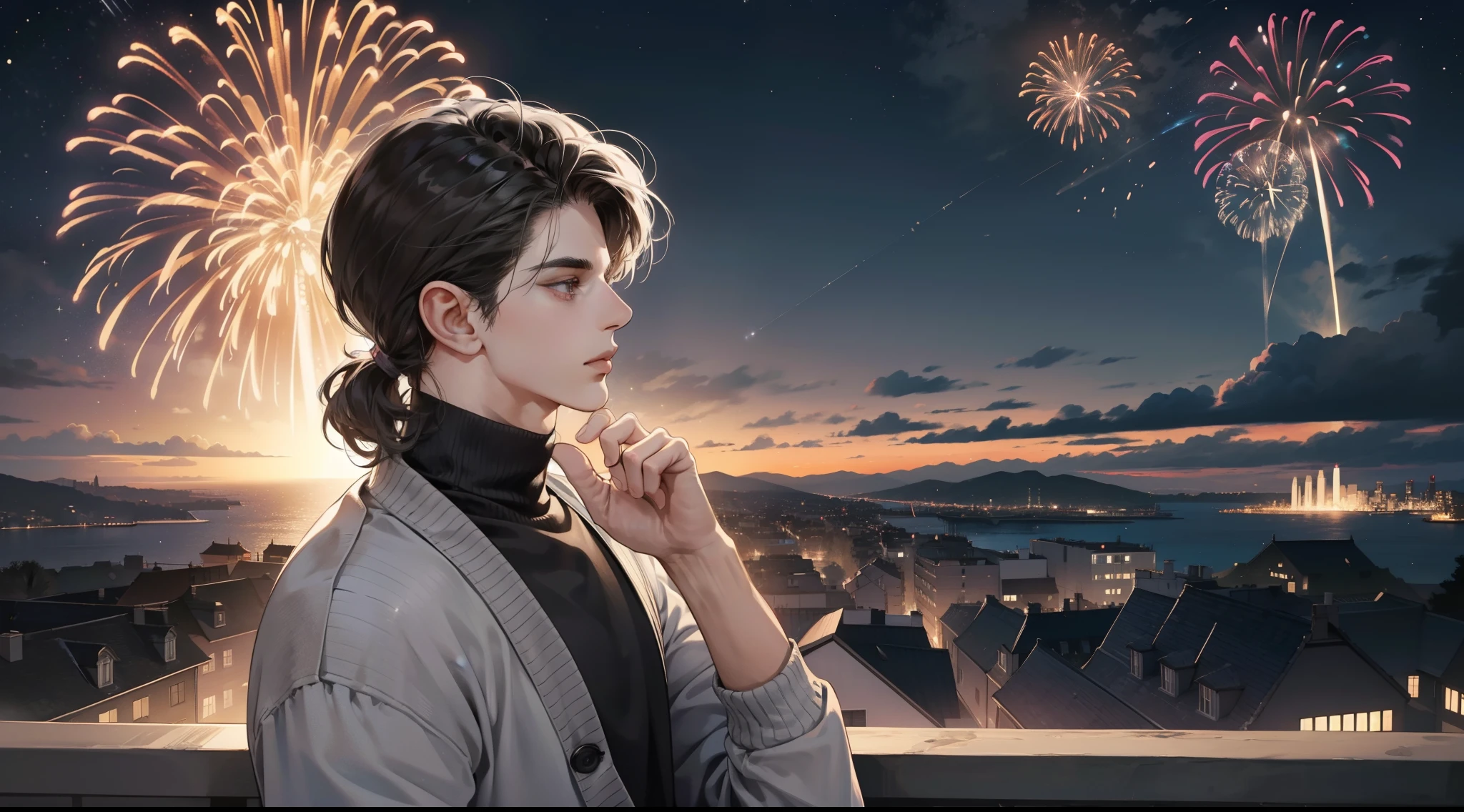 1 man, tall muscular guy, male, delicate face, A joyful individual with disheveled long dark hair and swept-back bangs, donning a stylish grey turltle-neck and thin cardigan, positioned next to a window overlooking a mesmerizing night sky filled with twinkling stars and vibrant bursts of fireworks.ulnerability, staring into the distance, the vista, Monochrome grayscale