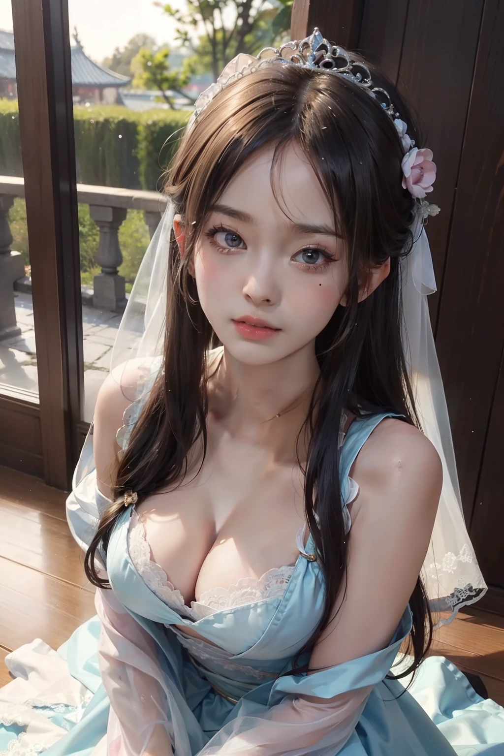 small loli ，,princess 8 yeald old cute, Master picture quality, Highest quality, Best picture quality, Exaggerated details, The expression is shy,a close up of a , Super beautiful,Long hair, Very exaggerated and compact, Round breasts , Pose in front of the camera, ,, Wet-breasted Hanfu open V-chested clothes, All pictures, Wet body of thin silk fabric, Thin silk lace petticoat,princess 8 yeald old cute, (huge boobs，cleavage),petticoat, white pink, blue ，best qualtiy，tmasterpiece，超高分辨率，（真实感：1.4），RAW photogr，（True skin texture：1.3），（filmgrain：1.3），（Selfie angle），1个Giant Breast Girl，Beautiful eye and face details，tmasterpiece，Best quality at best，exposing thighs，Bigchest，The chest is more exposed，short detailed hair，facing at camera