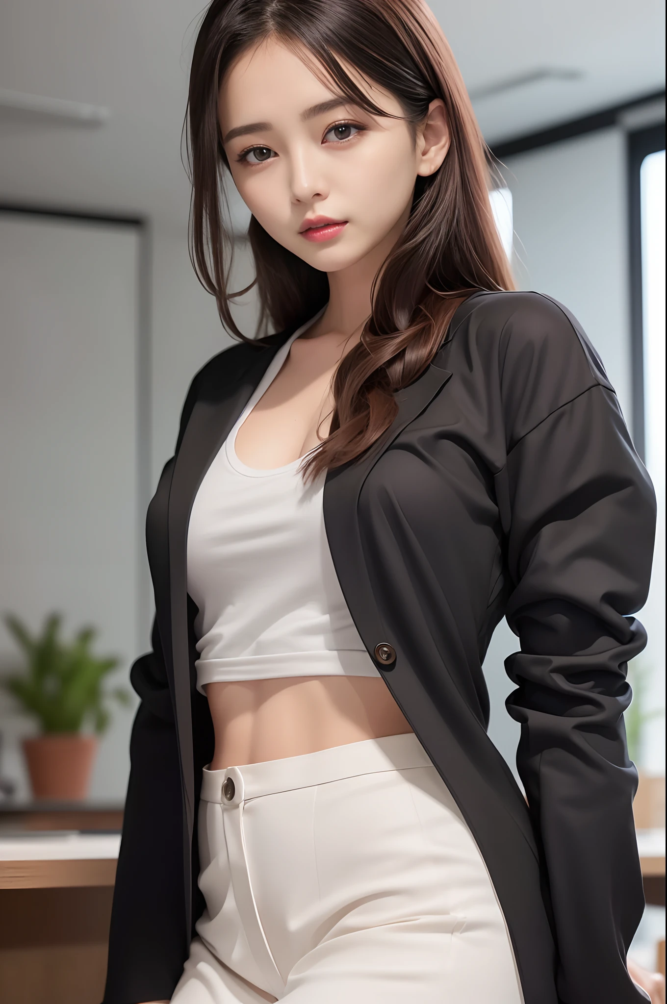 (8k), (best quality: 1.2), (realistic), (realistic: 1.37), ultra high resolution, 1 girl, cute, glowing skin,(blushing:1.2),laugh, Shut up, beautiful details, beautiful nose, whole body, wet hair, short bob hair,huge two cells, pork,exposed navel,(College student :1.2),simple blazer,(Calvin Klein Sports Bra:1.4),(pleated skirt:1.2),sit on a chair, (shiny pantyhose:1.2)