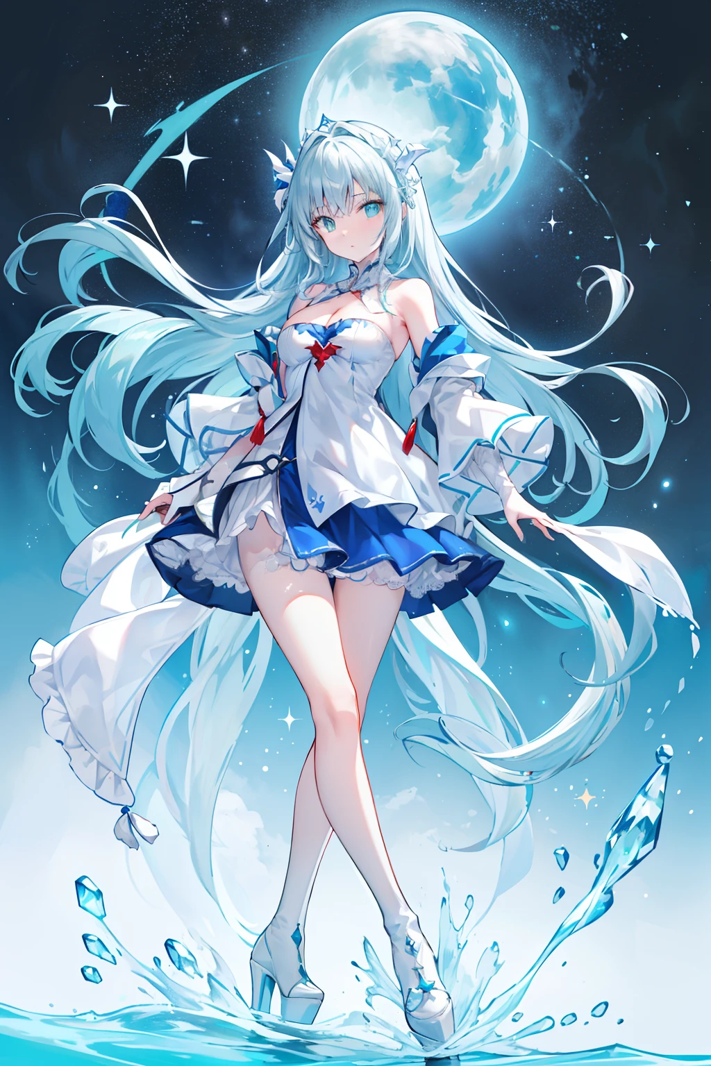 White skin of the(4K Full HD)(HDR+)Walk on water(1girll)has cleavage(The long)blue hairs(Sparkling light green eyes)Big breasts, tall figure, royal sister, small shawl, red bandeau long-sleeved top, hand-held black beveled long skirt top, blue long hair, gray mid-length socks, red high-heeled booties