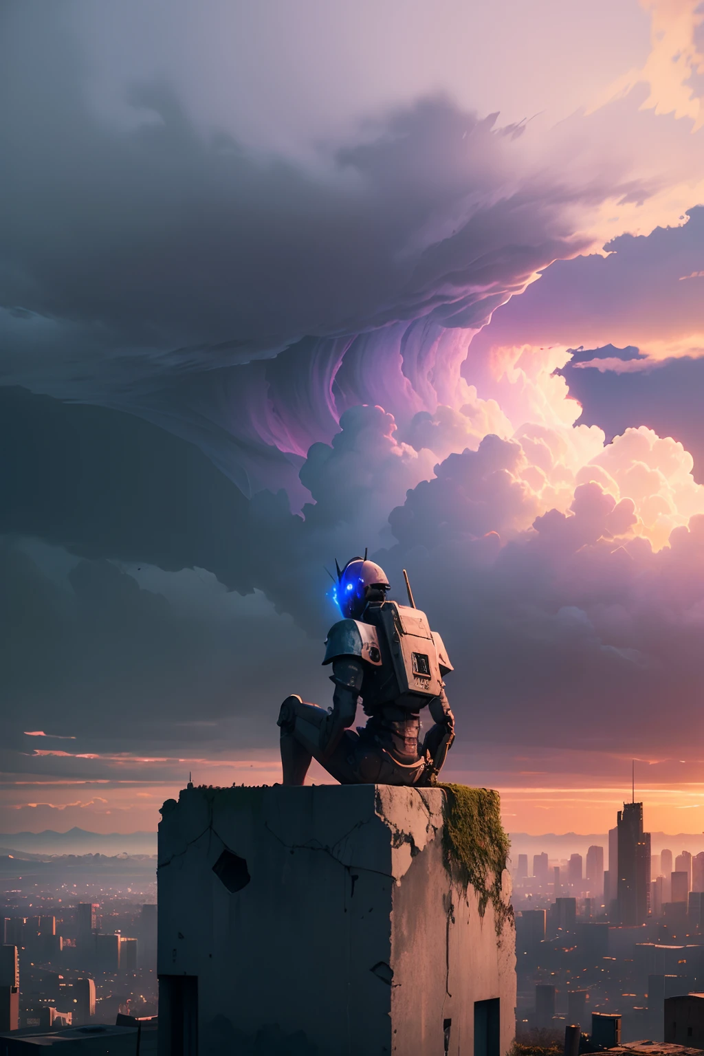 a very sad robot, rusty ancient rundown robot in a crumbling dark decaying world, most of the city is on fire, chin on chest sad, melancholy, crying, tears, head hanging down, on a hill overlooking a dystopian city, shot from behind, extreme long shot, sitting on the edge of a hill-cliff, looking down at the city from above, story sky, storm clouds, mostly sunny, blue and pink and violet sky, 8k resolution, hyperdetailed, in the style of Ray Bradberry.