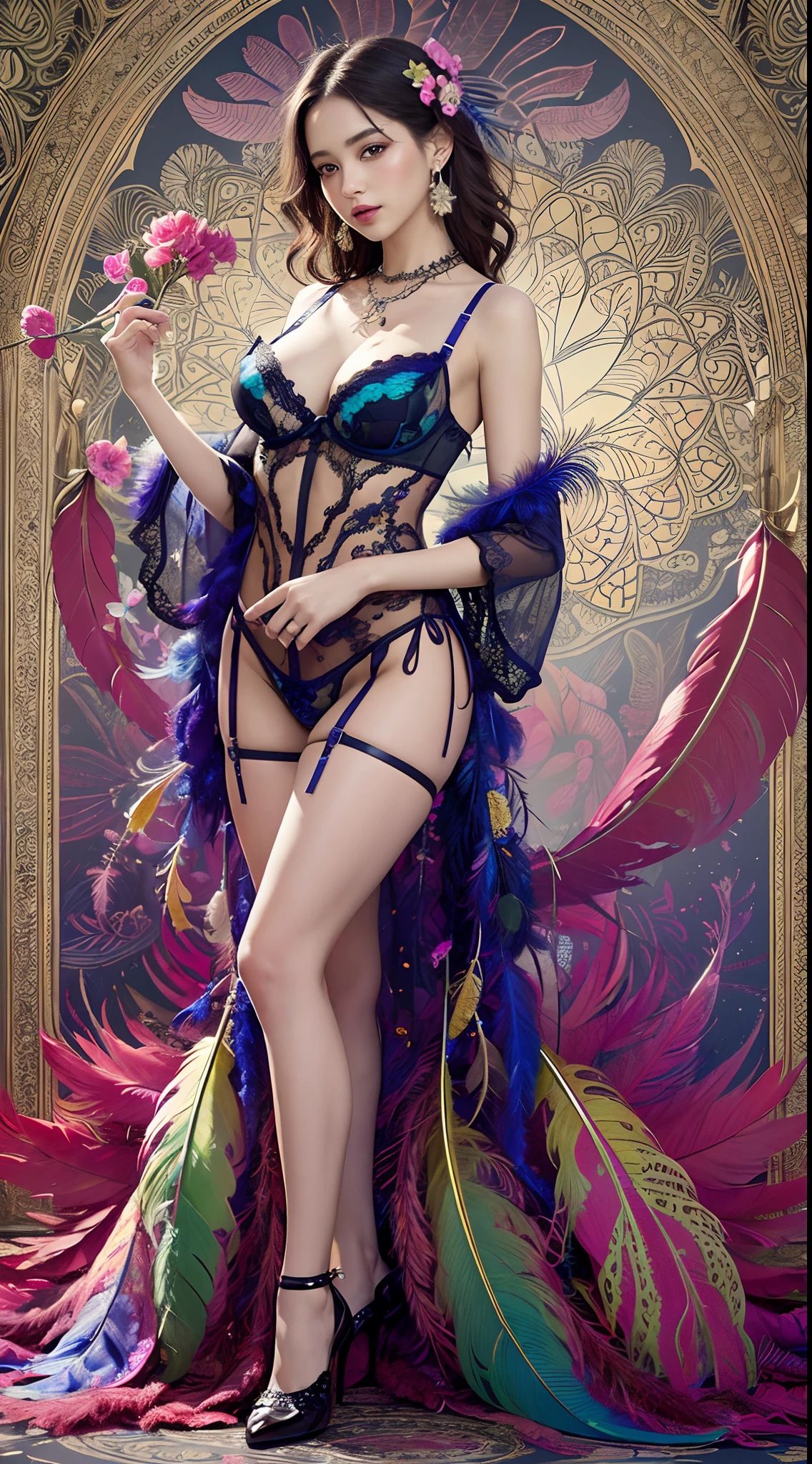 (masterpiece, top quality, best quality, official art, beautiful and aesthetic:1.2), (1girl:1.3), extremely detailed,(fractal art:1.1),(colorful:1.1)(flowers:1.3),highest detailed,(zentangle:1.2), full body, (abstract background:1.3), (shiny skin), (many colors:1.4), ,(earrings), (feathers lingerie:1.5),