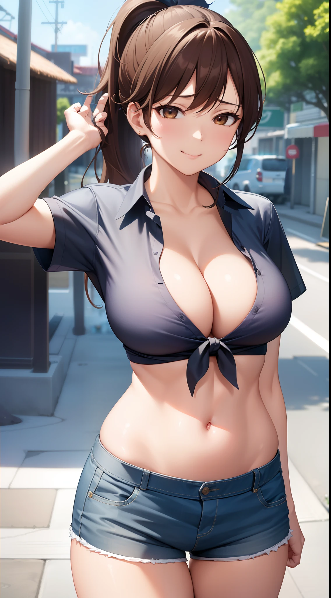 (best quality:1.5, highres, UHD, 4K, detailed lighting, shaders), brown ponytail, large breasts, tied shirt, belly, shorts, cleavage, street background, (pov, close shot) smug face