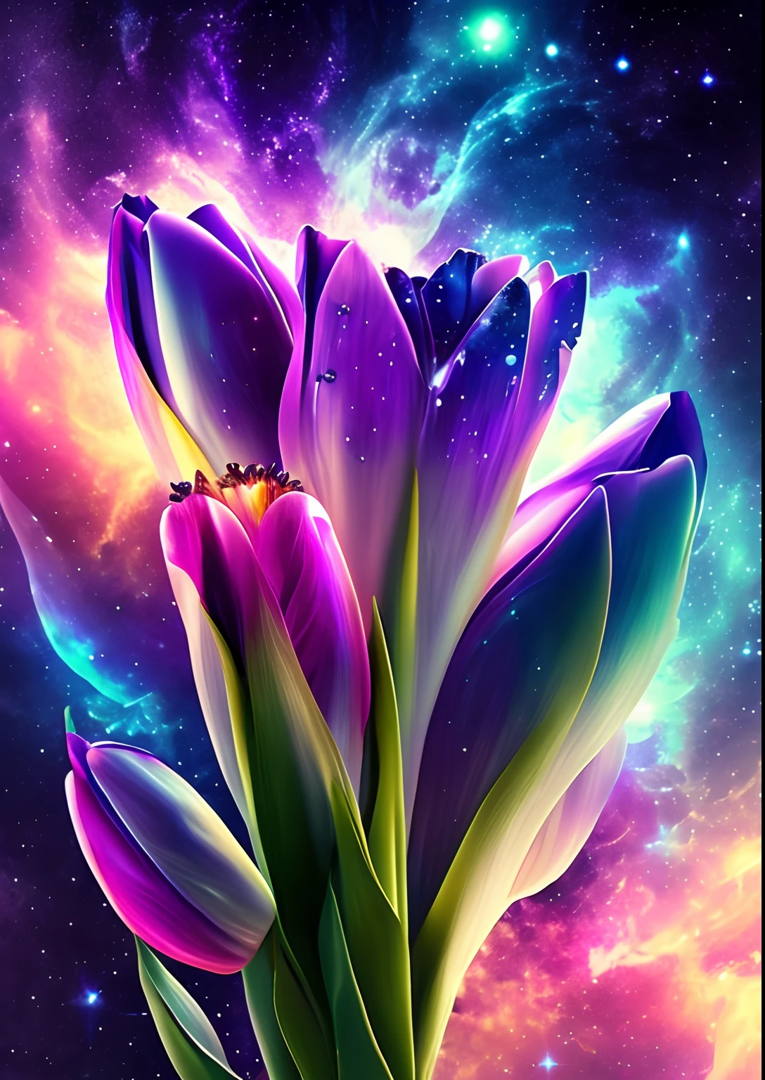 dreamlikeart, galaxy, outer space, nebula, star, [cyberpunked] Tulips from the stars (star:1.5),