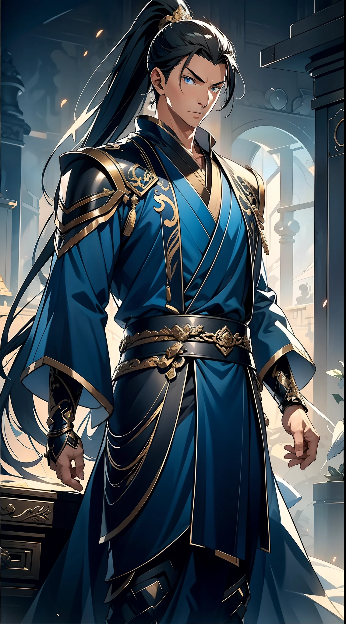 quadratic element,style of anime,mtu(Male Warrior),The proportions are correct,Face details,swordsmen,High ponytail hairstyle,Neck details,There is an Adam's apple,Blue suit,kaftan,long blue robes,clothes details,Handing over,longer sleeves,Game quality,Swordsmanship,Light and shadow tracking,Ray traching,detailed glow,cg render,hair detail,Black long hair,blue colored eyes,Handsome,Handsome,(juvenile sense),Clothing is complicated,Perfectcomposition,Refinement,high qulity,higher details,Lots of details,The background is complex,a sense of atmosphere,